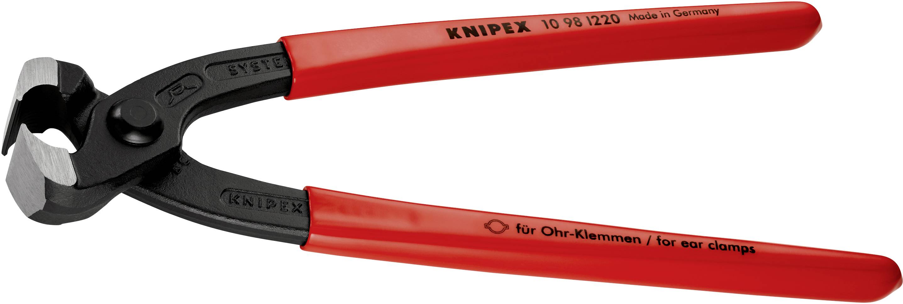 Rote Knipex-Zange 10 98 1220, geeignet für Ohr-Klemmen. Hergestellt in Deutschland.