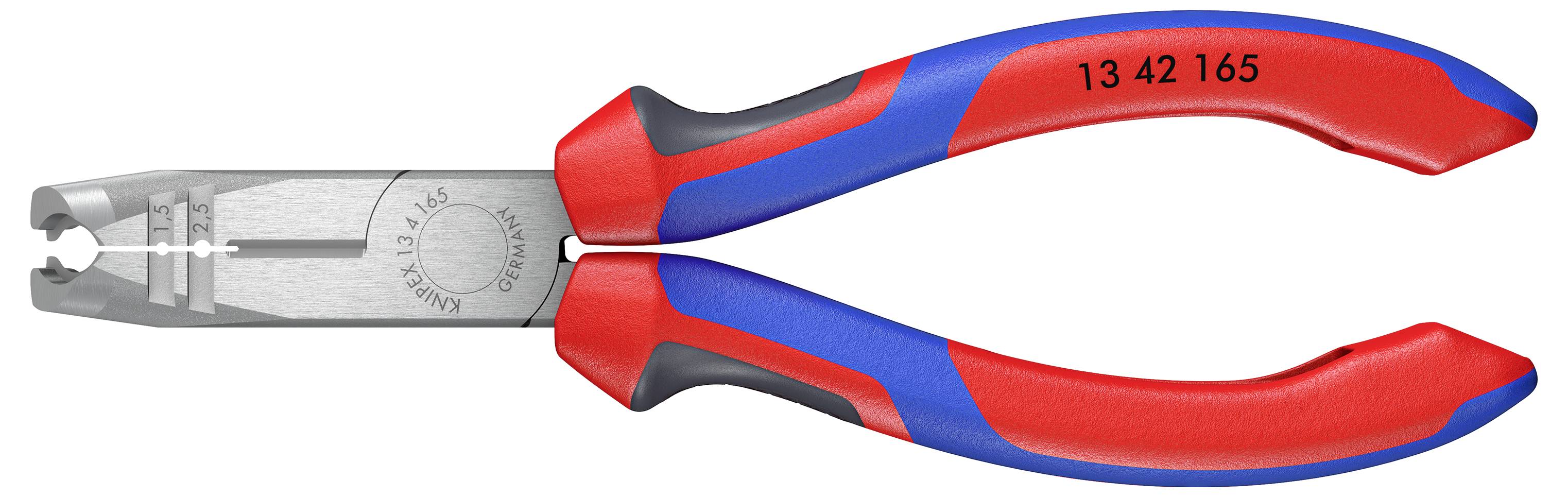 Eine rote und blaue Abisolierzange mit der Aufschrift '13 42 165' auf dem Griff. Sie ist geeignet zum Abmanteln und Schneiden von Drähten.