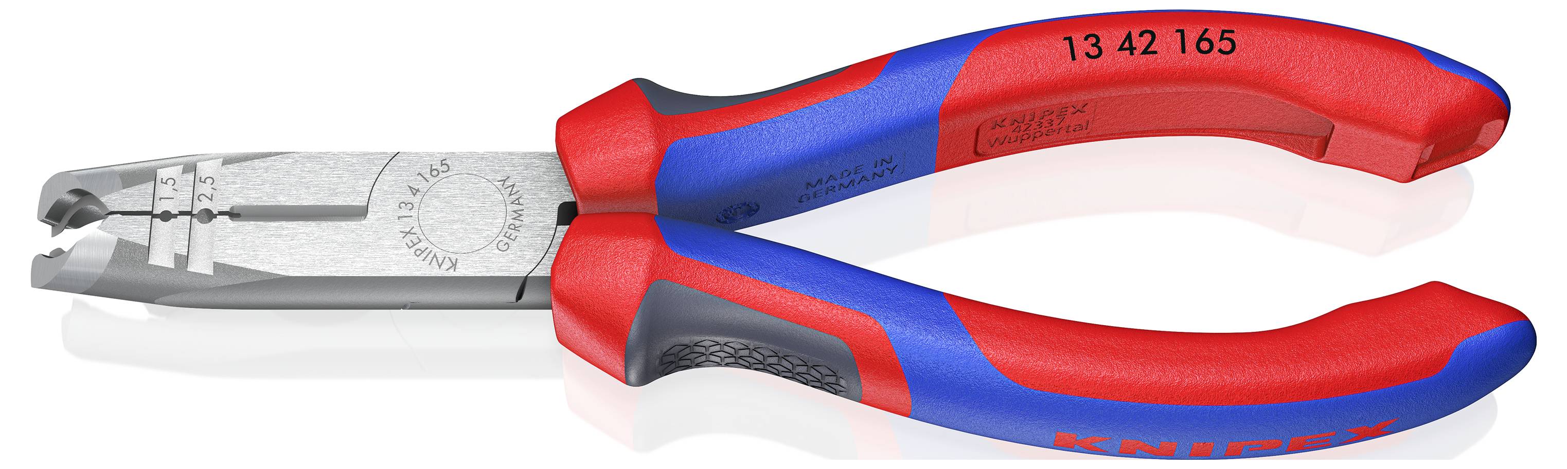 Zange der Marke KNIPEX, Modellnummer 13 42 165, in Blau und Rot. Sie hat isolierte Griffe und ist für präzise Arbeiten geeignet.