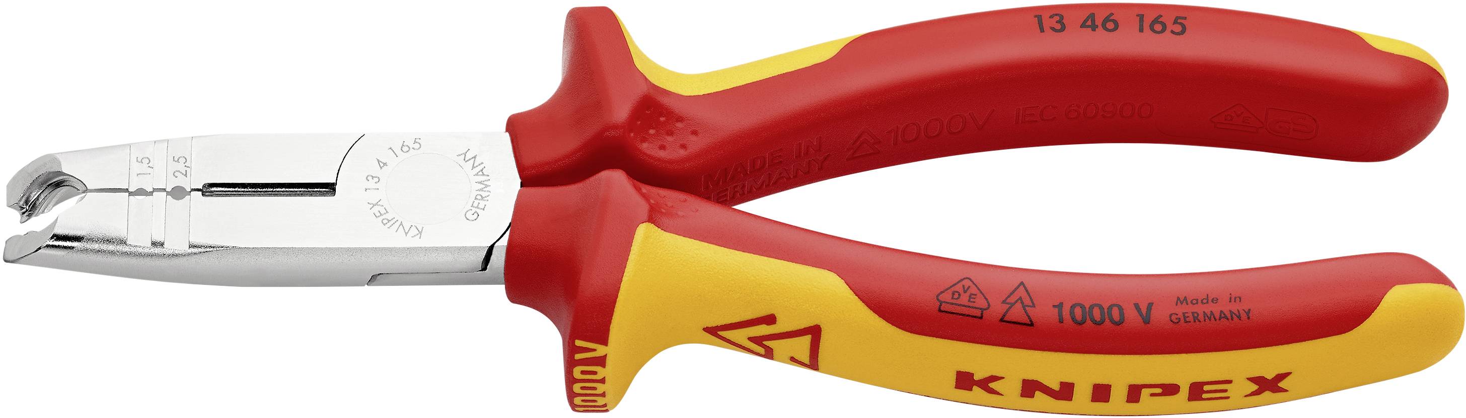 Rote und gelbe isolierte Zange von Knipex, geeignet für Arbeiten bis 1000 Volt, mit ergonomischem Griff und Präzisionsschneiden.