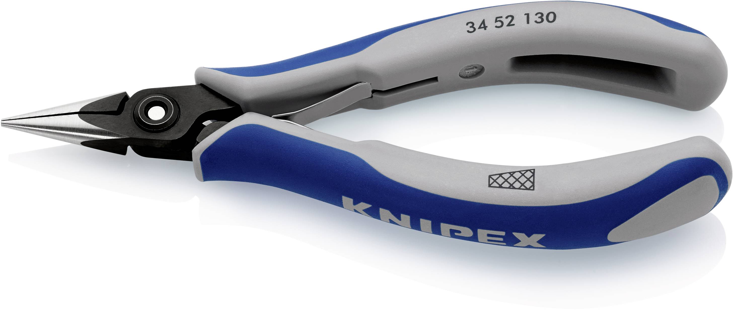 Graue und blaue Knipex-Spitzzange mit glattpolierten Backen, geeignet für präzises Greifen und Schneiden kleiner Drähte und Kabel.