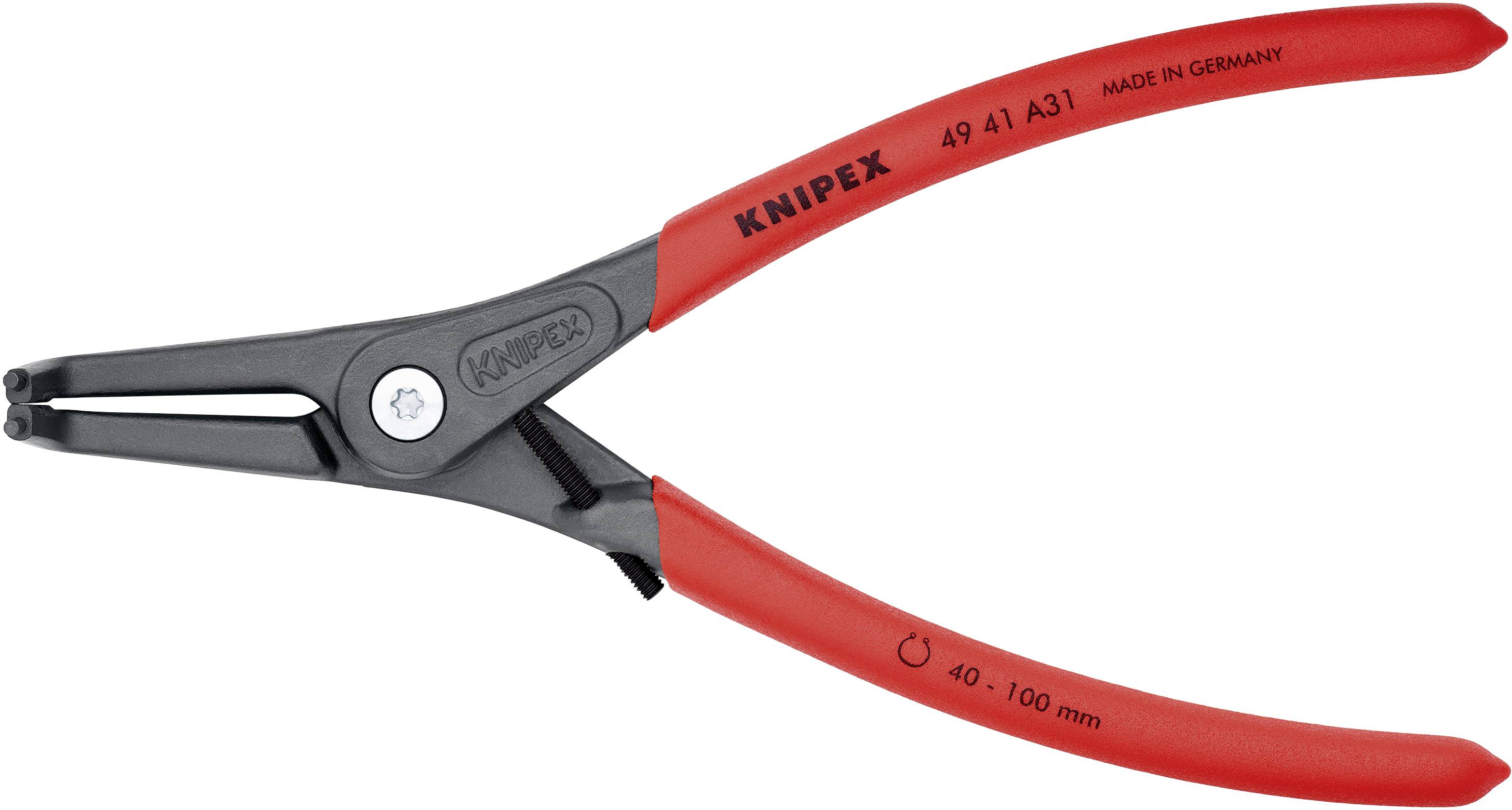 Eine rote Sprengringzange mit schwarzem Kopf, geeignet für Ringe von 40-100 mm. Markierung: 'Knipex', 'Made in Germany'.