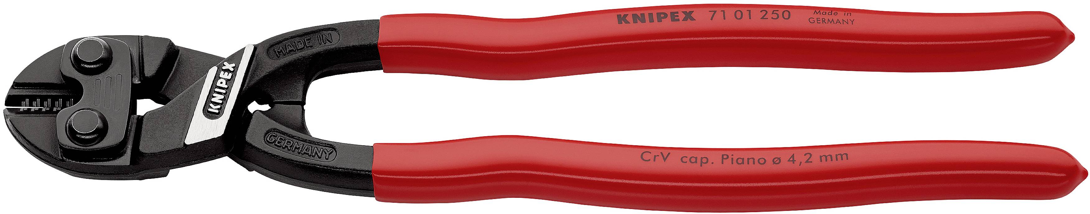 Eine rote Bolzenschneiderzange auf weißem Hintergrund, geeignet zum Durchtrennen von Metall bis 4,2 mm Dicke.