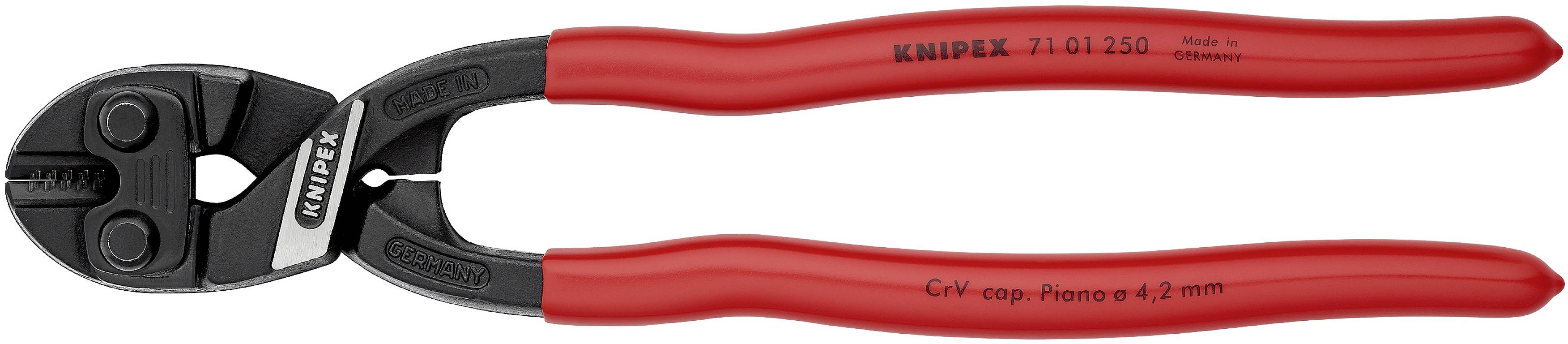Bolzenschneider mit roten Griffen, geeignet zum Schneiden von Drähten bis 4 mm. Markierung zeigt 'KNIPEX 71 01 250'.