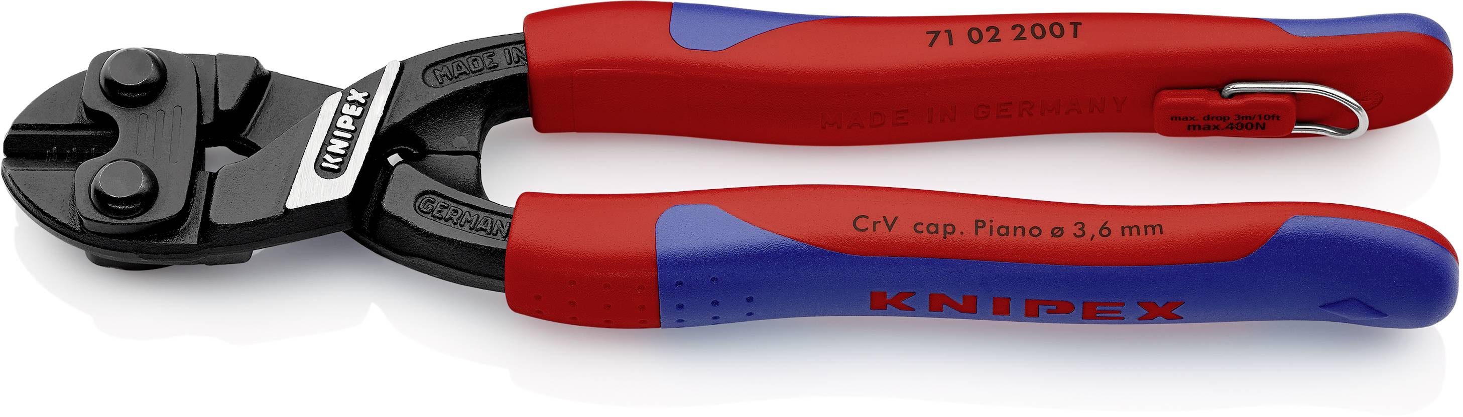 Zangenschneider mit roten und blauen Griffen der Marke Knipex, Modell '71 02 200T', mit Hinweis auf 3,6 mm Schnittkapazität.