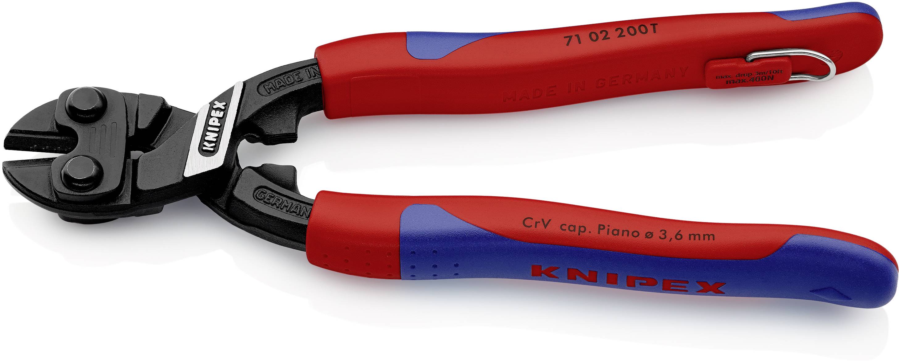 Zange mit roten und blauen Gummigriffen, robuste schwarze Schneide. Aufschrift 'KNIPEX' auf Griff sichtbar.