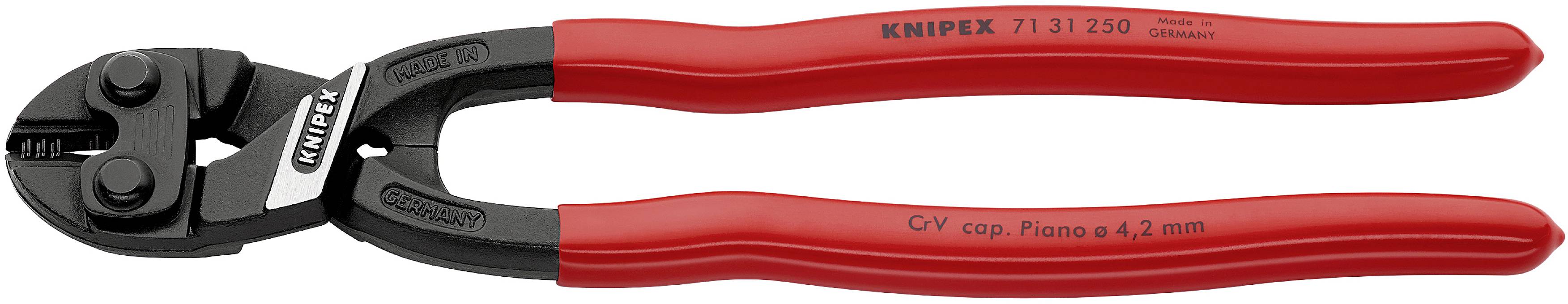 Bolzenschneider mit roten Griffen, schwarzer Schneidkopf, Marke Knipex. Modellnummer 71 31 250.