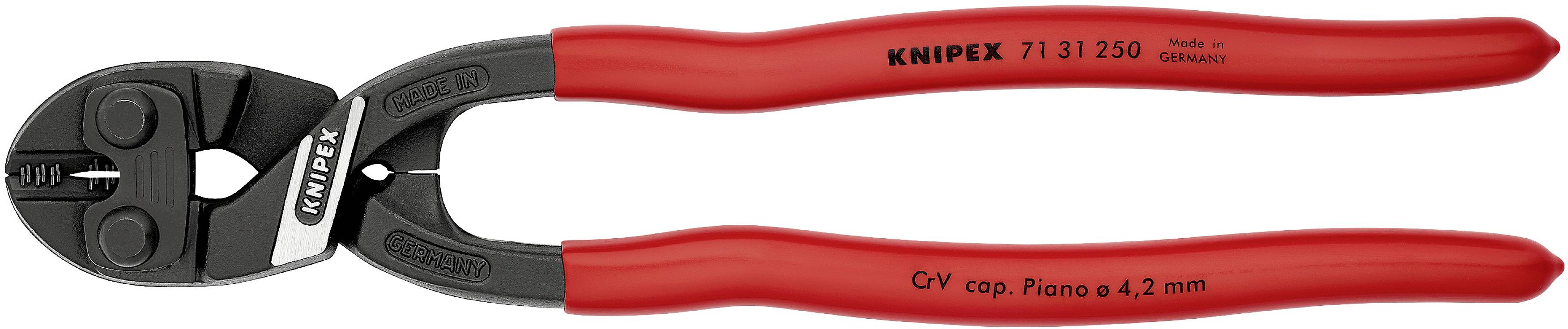 'Knipex 71 31 250'-Kabelschneider mit rot-schwarzen Griffen, geeignet für Drahtstärken bis 4,2 mm, Made in Germany.