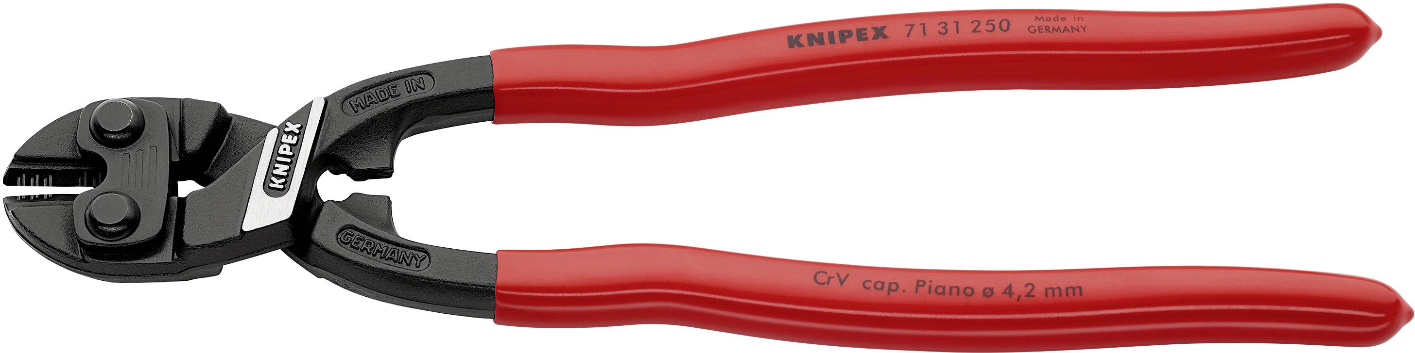 Bolzenschneider mit roten Griffen, effiziente Schneidezange für gehärtete Materialien, Marke 'KNIPEX', robustes Design.