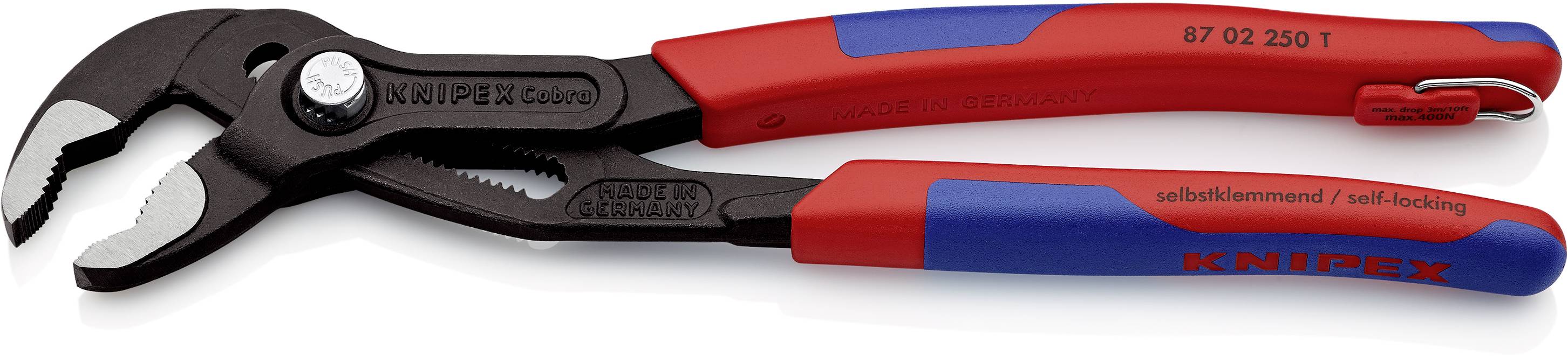 Eine rote und blaue KNIPEX Wasserpumpenzange mit selbstklemmender Funktion.