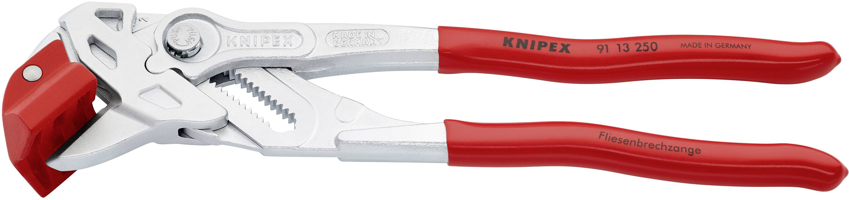 Eine rote und silberne KNIPEX-Zange mit verstellbarem Greifmechanismus, geeignet zum Greifen und Halten verschiedener Werkstücke.