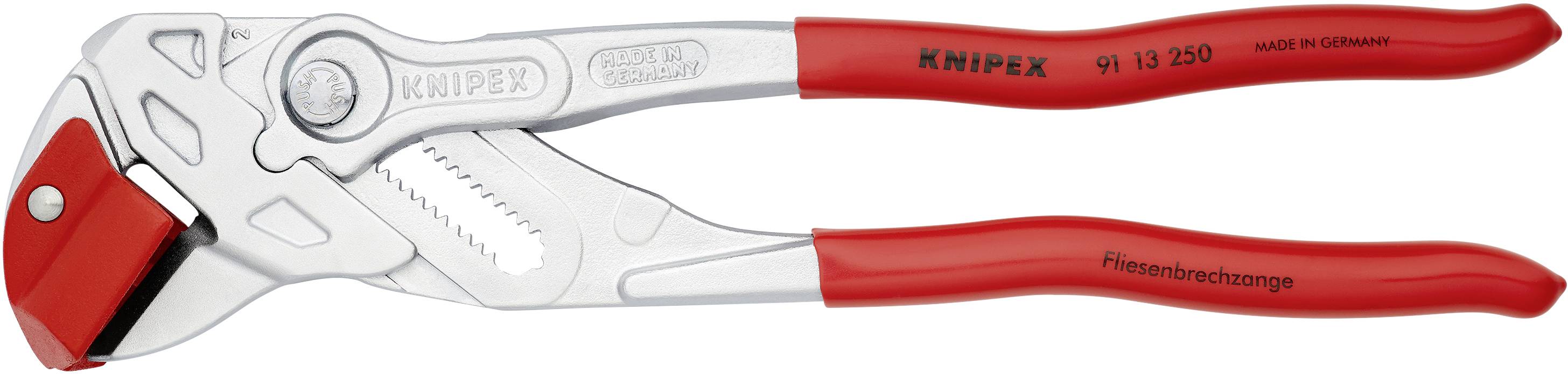 Rote Zangenschlüssel mit verstellbarem Kiefer, silberner Kopf, Griff mit rutschhemmenden Gummierung.