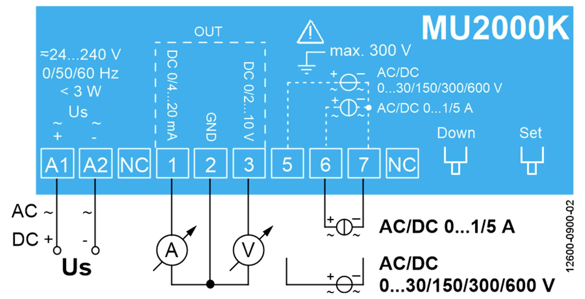 Schaltplan für ein MU2000K-Stromzähler, der AC/DC-Versorgungsklemmen A1, A2, NC und Eingangsklemmen für Strom- und Spannungsmessung zeigt.