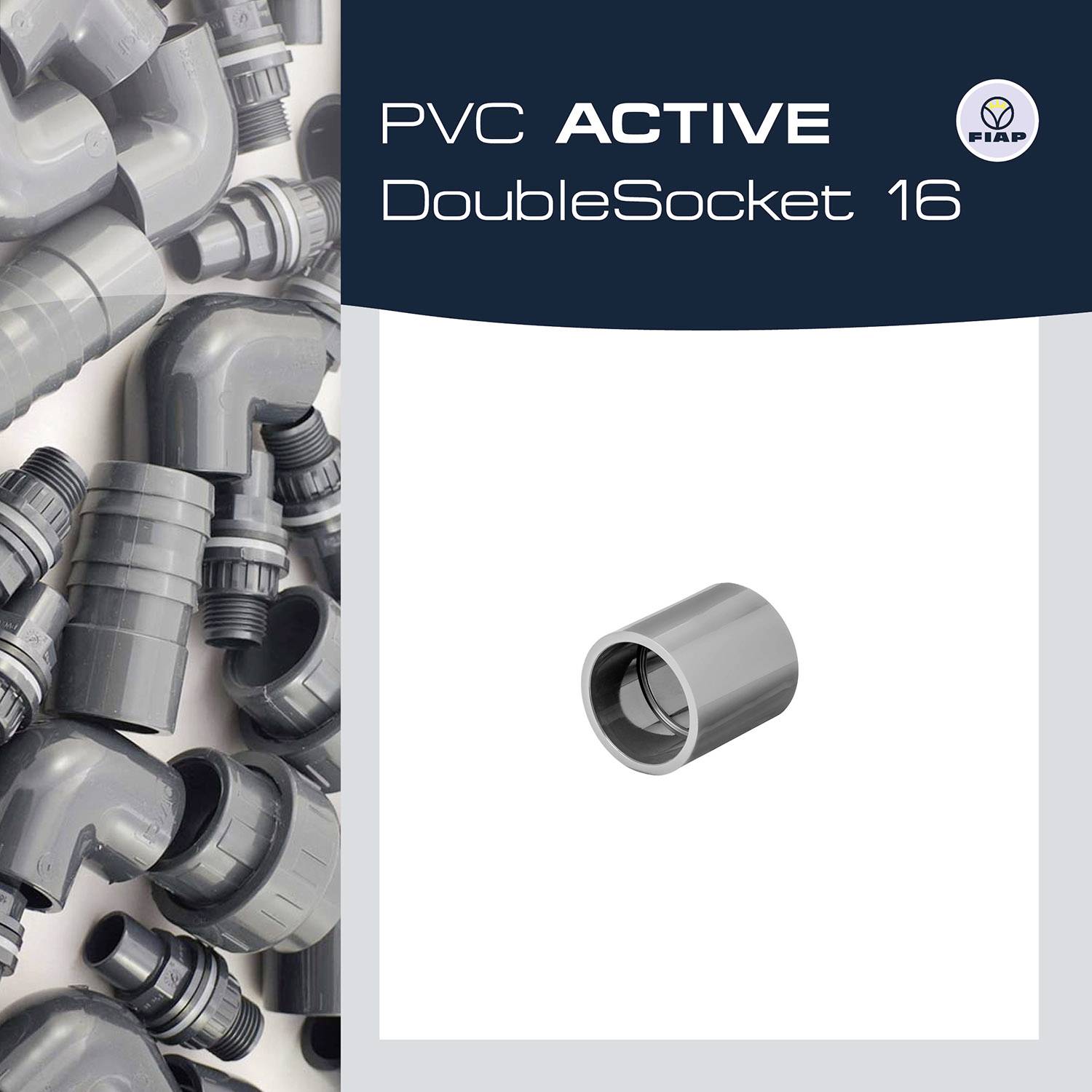 'PVC ACTIVE DoubleSocket 16' Produktbild zeigt graue PVC-Rohre und -Verbinder auf weißem Hintergrund, Herstellerlogo oben rechts.