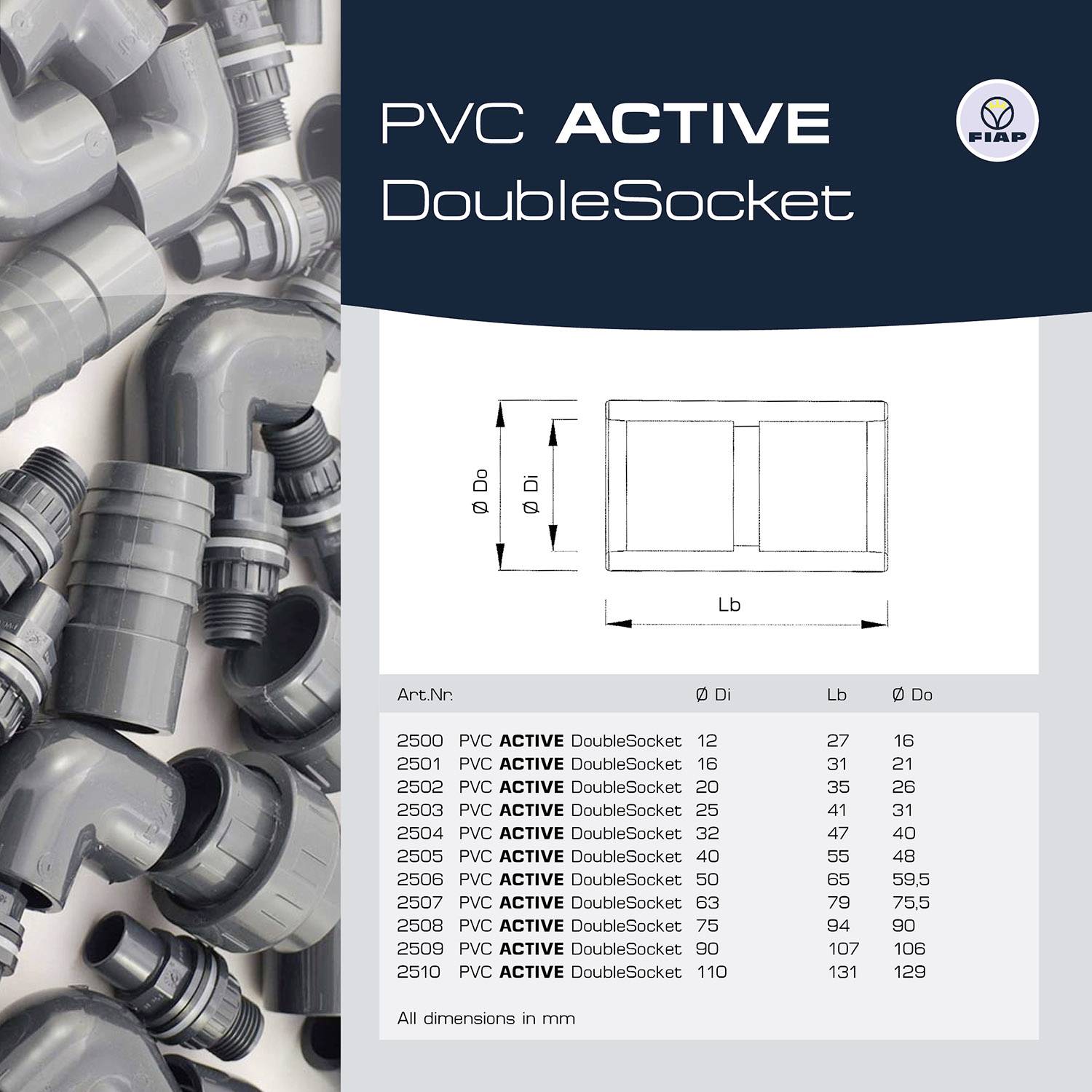 'PVC ACTIVE DoubleSocket' Produktbild mit grauen Rohren und einer technischen Zeichnung. Liste der Größenoptionen und deren Maße.
