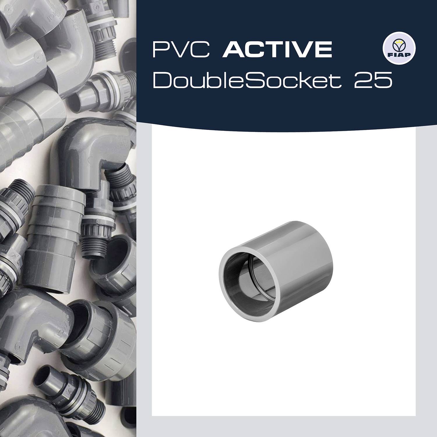 'PVC ACTIVE DoubleSocket 25' Kunststoffrohrstück. Bild zeigt zylindrisches Rohr vor Hintergrund mit verschiedenen Rohrformen.