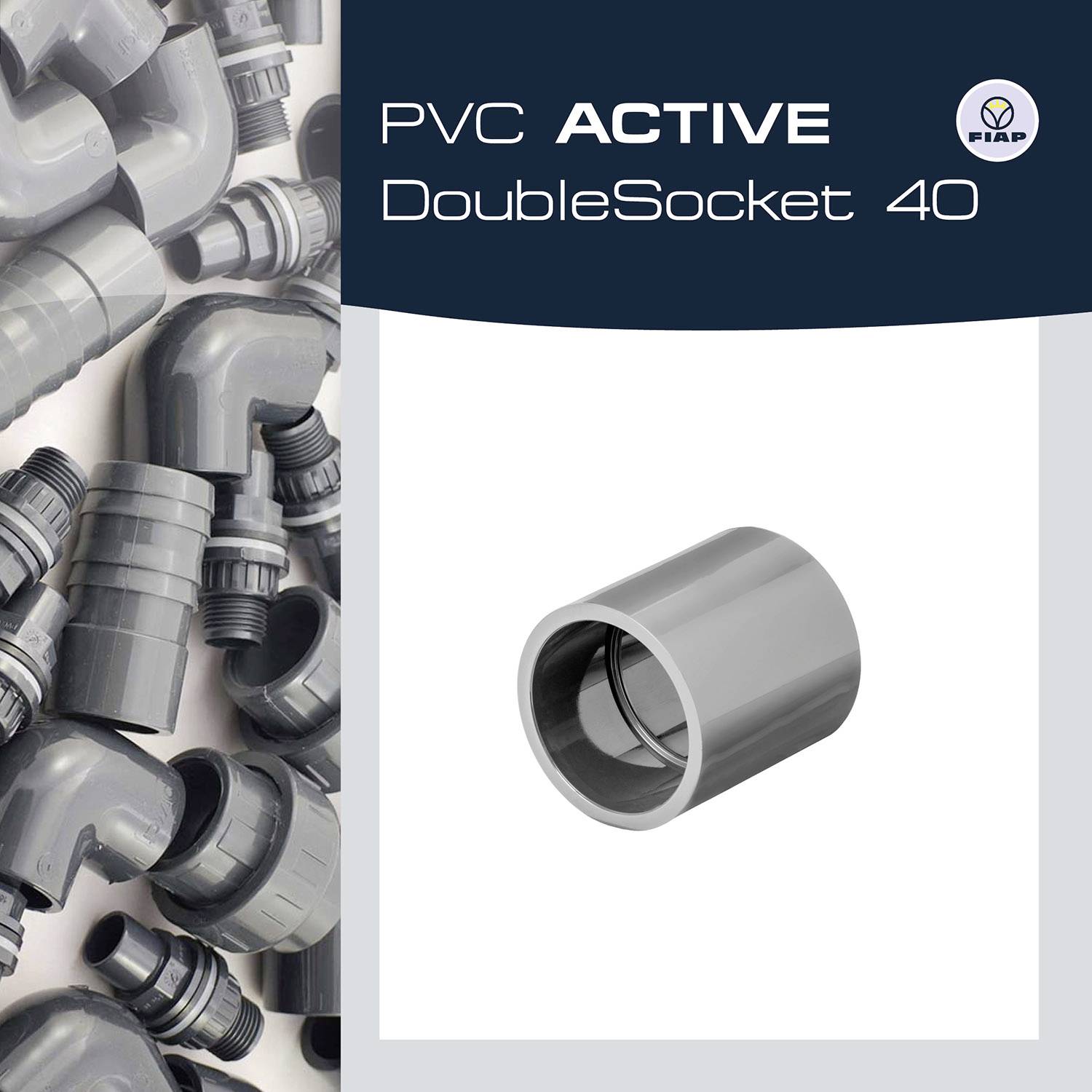 'PVC ACTIVE DoubleSocket 40' zeigt verschiedene graue PVC-Rohrverbindungen. Fokus liegt auf einem doppelseitigen Steckverbinder.