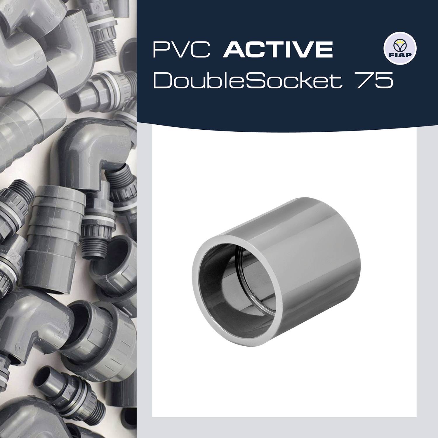 Mehrere graue PVC-Rohre und deren Verbindungen links; rechts ein PVC-Doppelmuffenrohr. Oben Text: 'PVC ACTIVE DoubleSocket 75'.