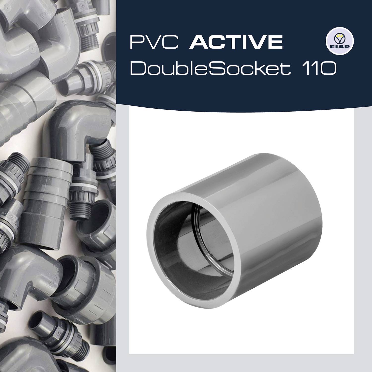 'PVC ACTIVE DoubleSocket 110' und graue Rohrverbindungen. Hauptfokus auf einen grauen Doppelmuffe aus PVC, umgeben von ähnlichen Produkten.