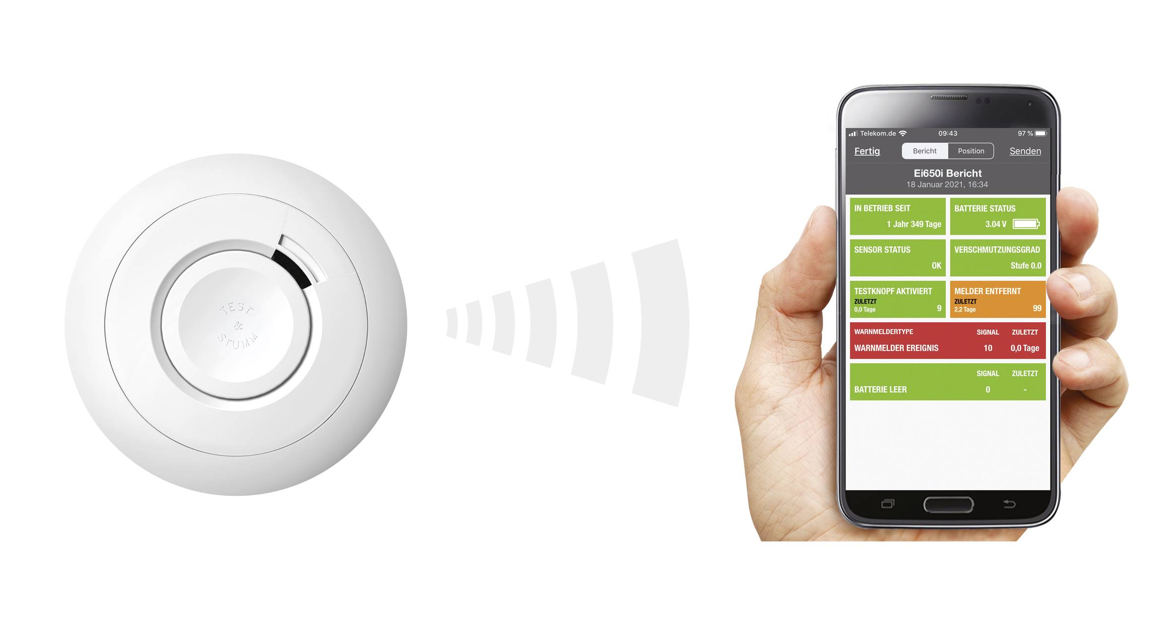 Ein Rauchmelder sendet ein Signal an ein Smartphone, das eine App mit Statusanzeigen für verschiedene Sensoren zeigt.