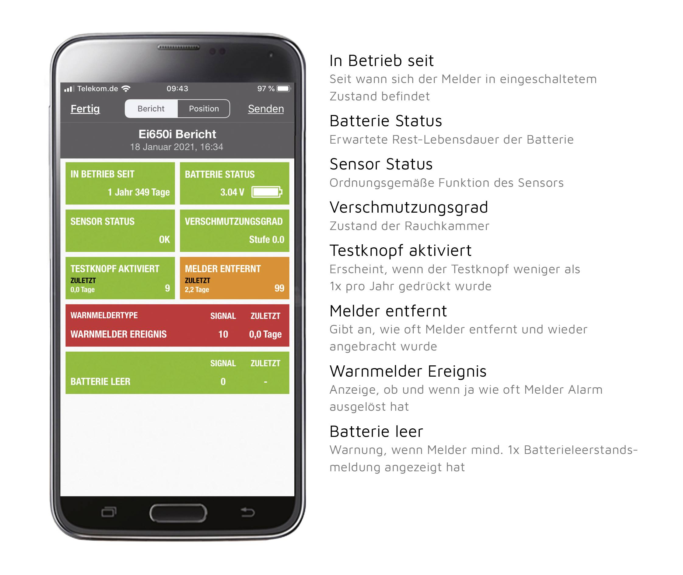 Ein Smartphone zeigt eine App-Oberfläche zur Überwachung eines Rauchmelders. Statusanzeigen umfassen 'In Betrieb', 'Batterie Status' und 'Sensor Status'.