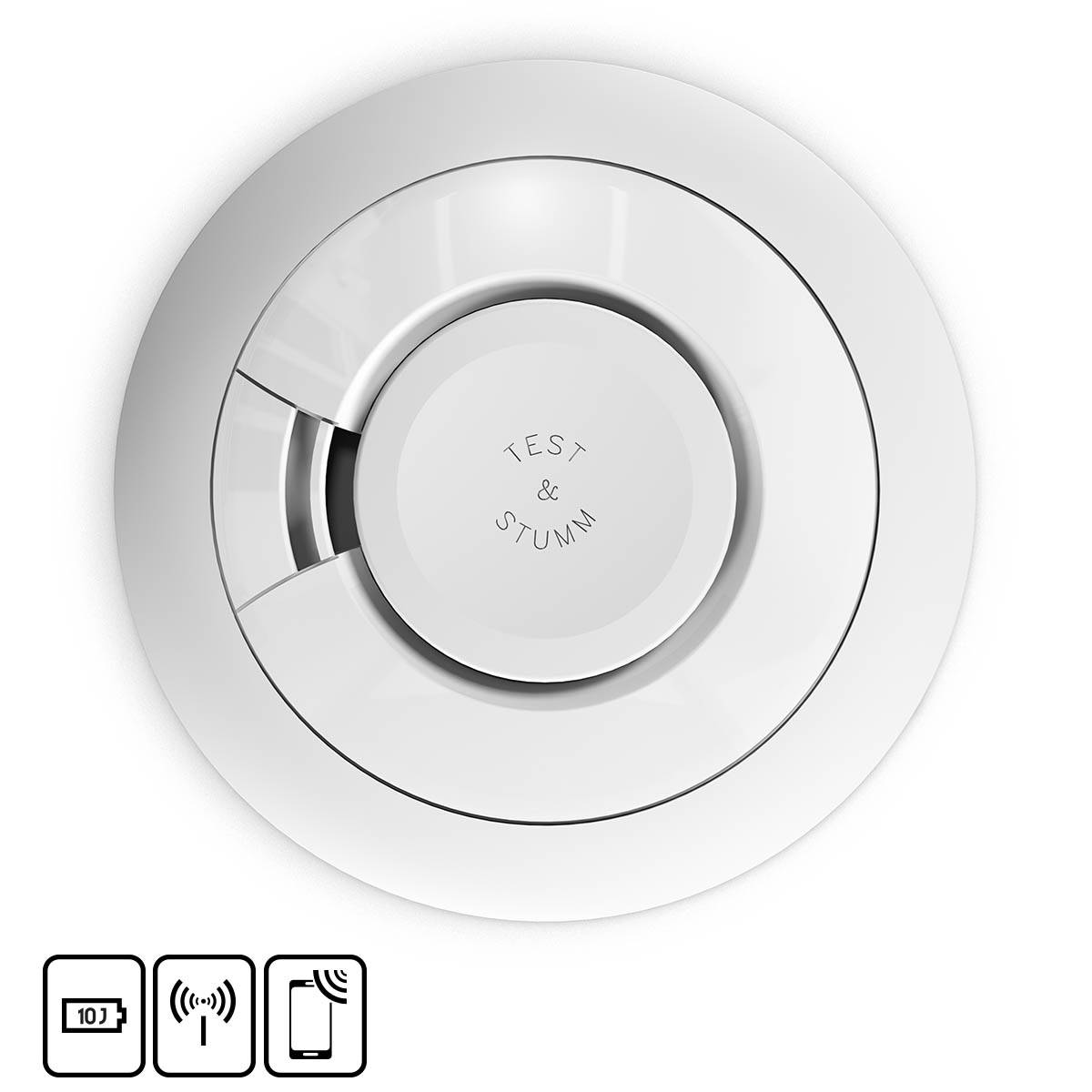 Ein runder Rauchmelder mit der Aufschrift 'TEST & STUMM'. Unten Symbole für App-Steuerung und Alarmanzeige.