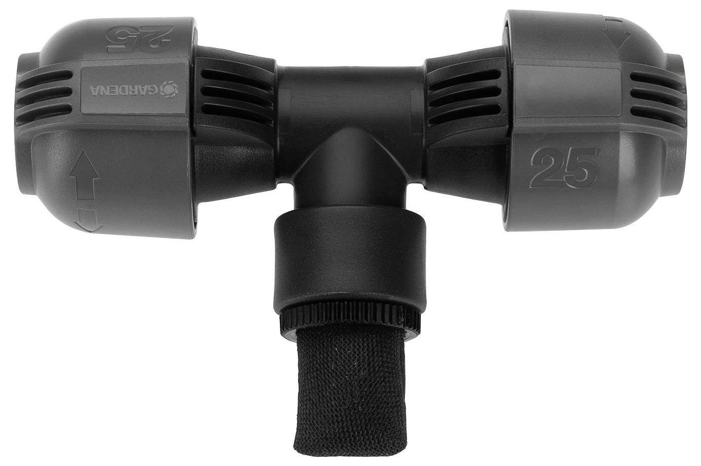 Ein schwarzes T-förmiges Rohrsystem mit Aufschrift '25' und Marke. Das System zeigt Pfeile für korrekte Installation.