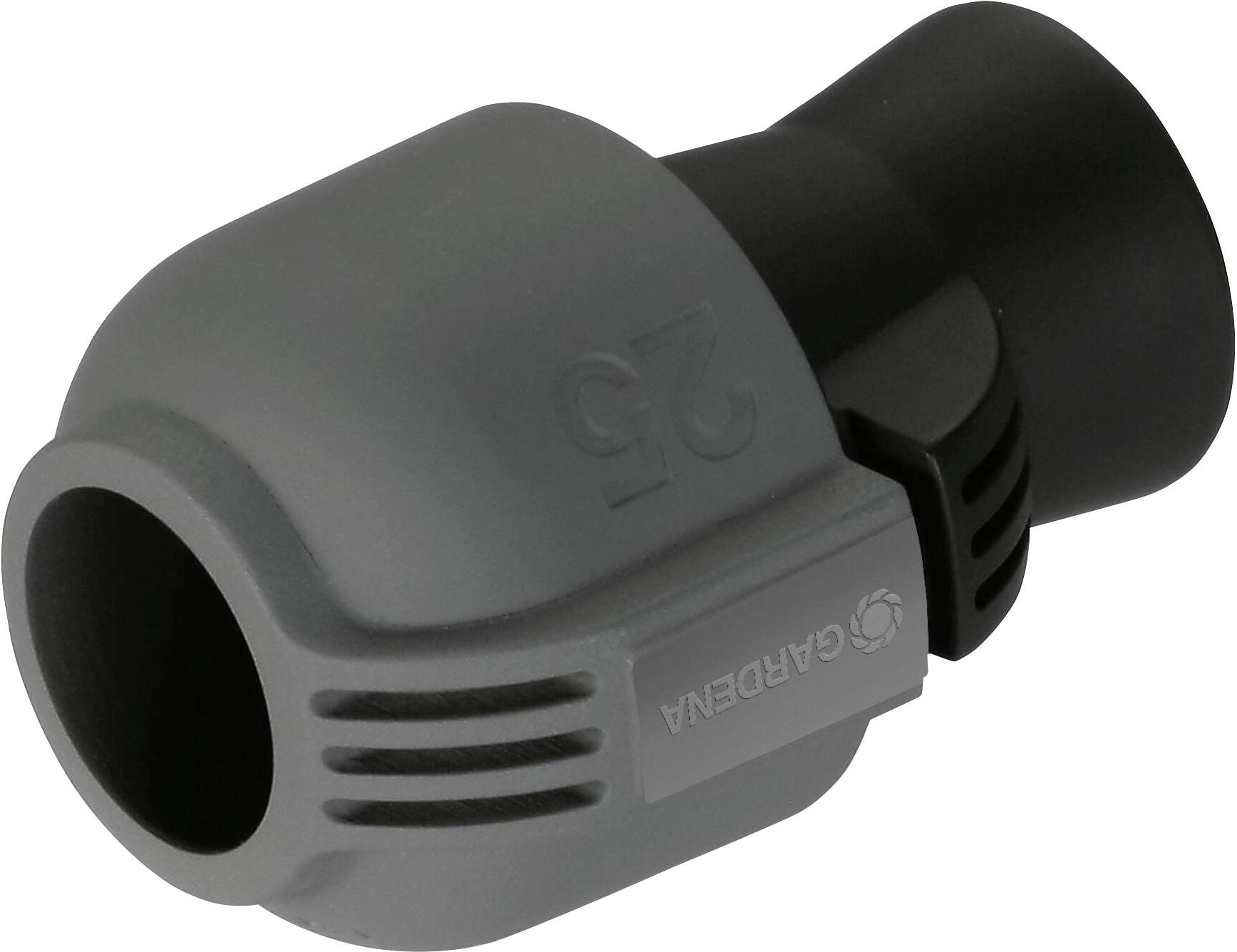 'Gardena Rohrverbinder' aus Kunststoff in Schwarz und Grau für 25 mm Rohre. Steckverbindung für Bewässerungssysteme.