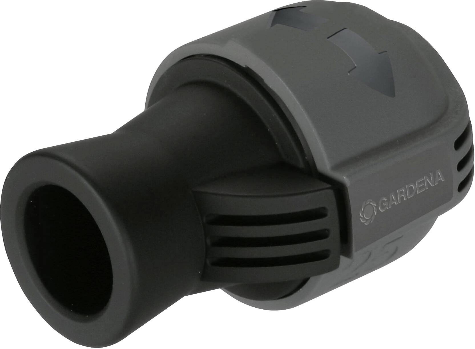 Ein schwarzer, konischer Adapter mit grauem Ring, länglichen Lüftungsschlitzen und einer Pfeilmarkierung für Wasserprodukte.