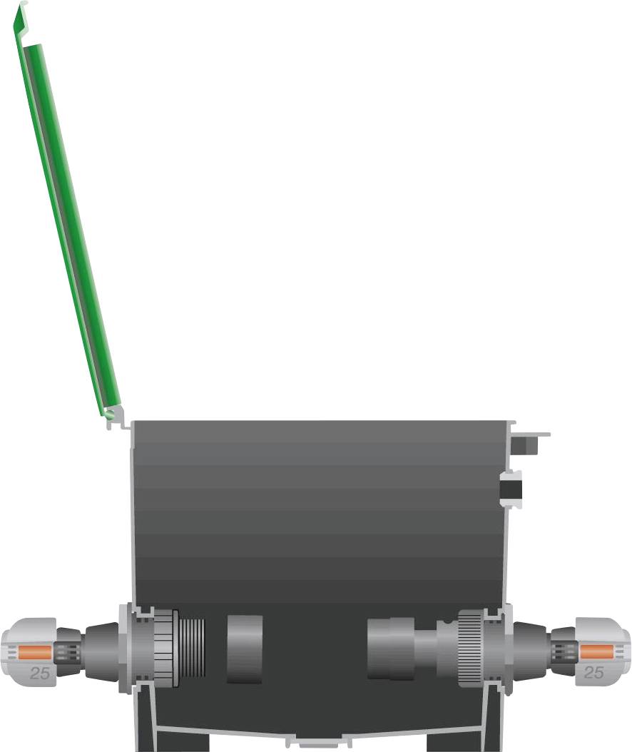 Ein Querschnitt einer mechanischen Vorrichtung mit Zahnrädern und Bolzen; links ist eine grüne, nach oben geöffnete Klappe.