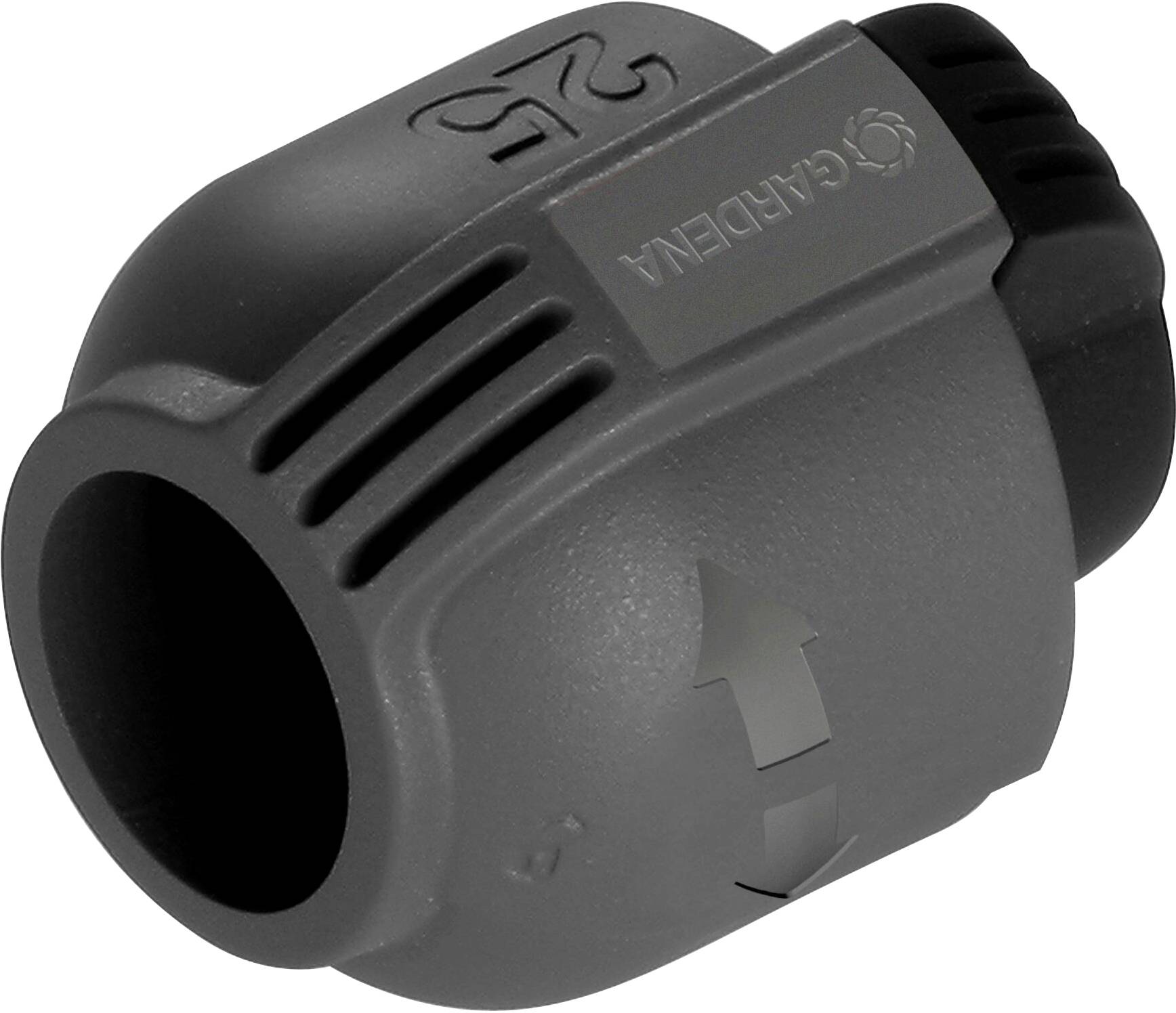 Grauer Gardena Schlauchverbinder mit 25 mm Durchmesser und integrierten Verbindungspfeilen, geeignet für Bewässerungssysteme.
