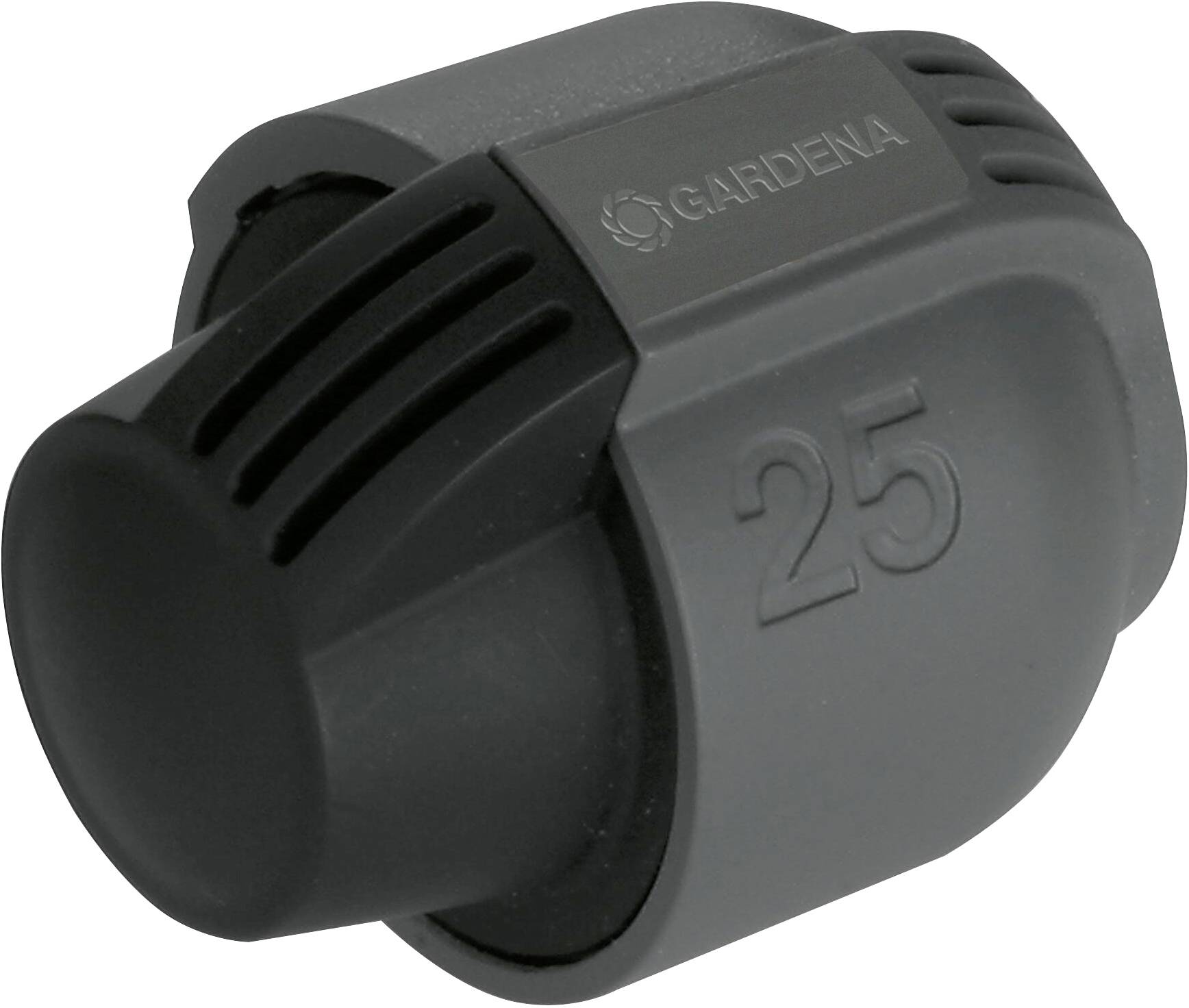 'Gardena Endstück 25 mm' schwarzes Plastikrohrverschlussstück, zur Abdichtung von Bewässerungssystemrohren.