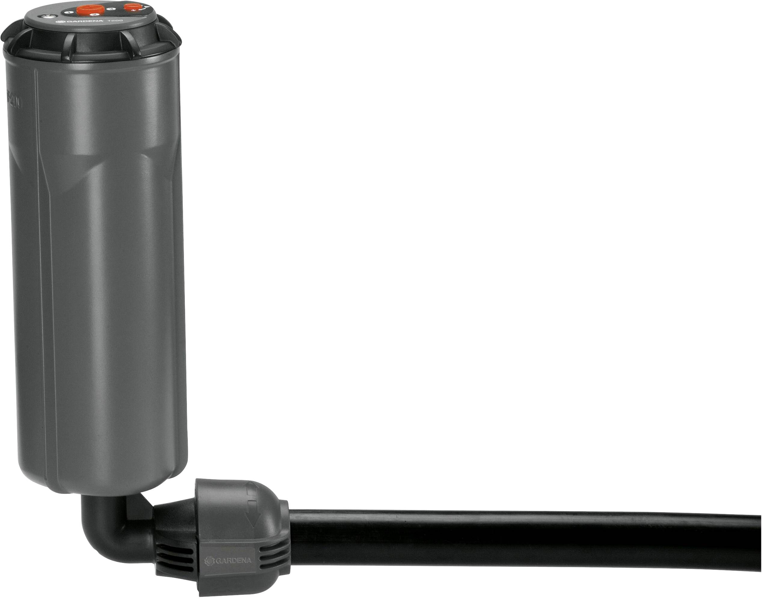 Ein grauer Bewässerungssprinkler mit schwarzem Rohranschluss, geeignet für Garten- oder Rasenbewässerungssysteme.
