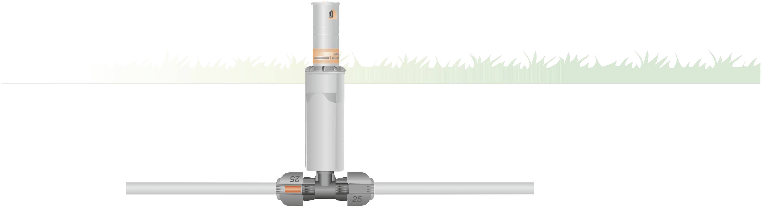 Versenkbarer Rasensprenger mit Wasserleitung darunter, geeignet zur automatischen Rasenbewässerung.