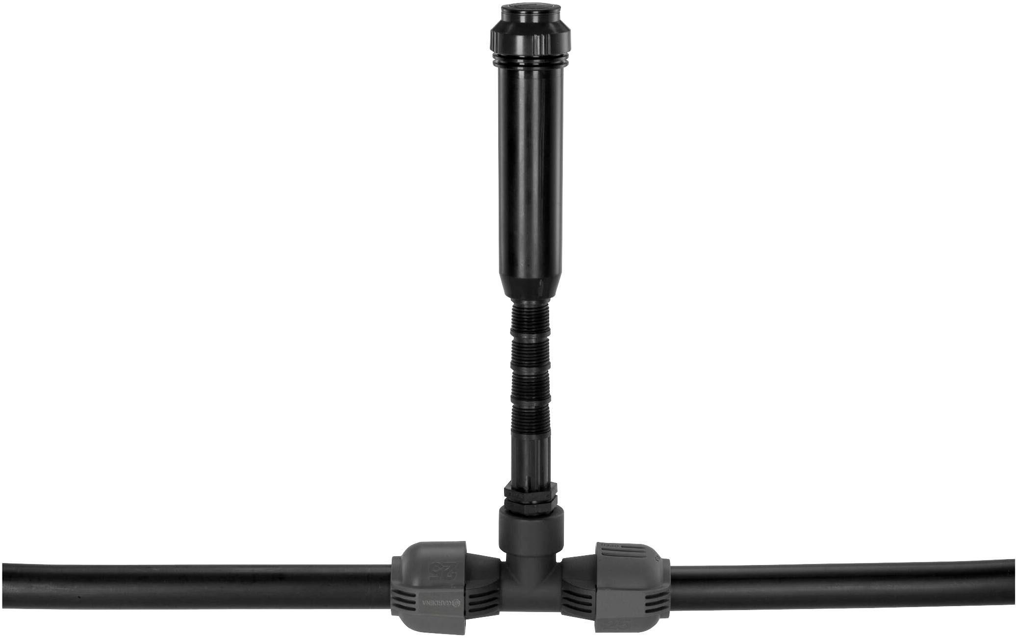 Schwarze Kunststoff-Rohrverbindung in T-Form mit vertikalem Verbindungsstück und horizontalen Anschlüssen, geeignet für Wasserleitungen.