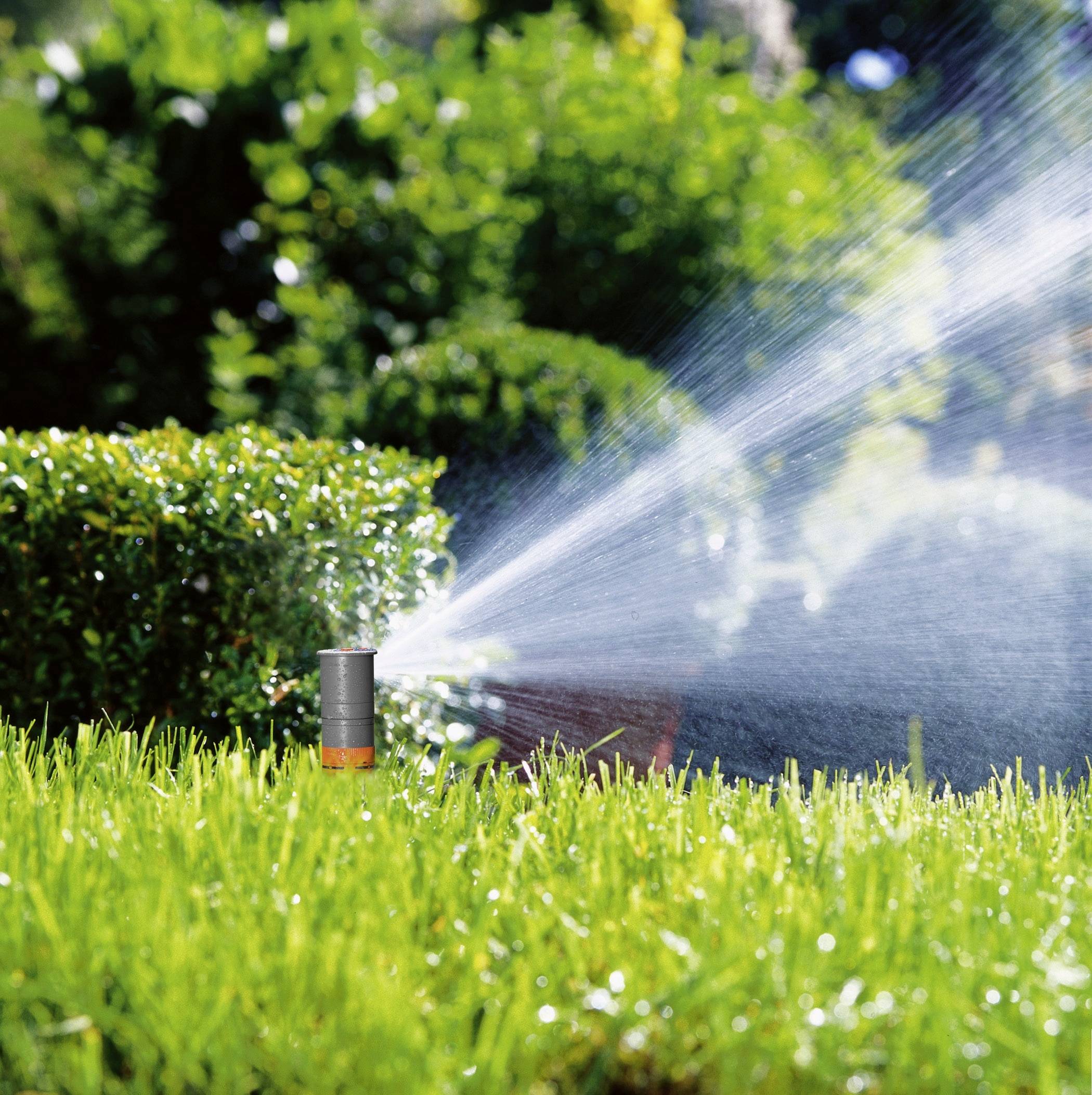 Rasensprinkler im Garten bewässert Rasen. Grünes Gras im Vordergrund, Büsche und Bäume im Hintergrund bei sonnigem Wetter.