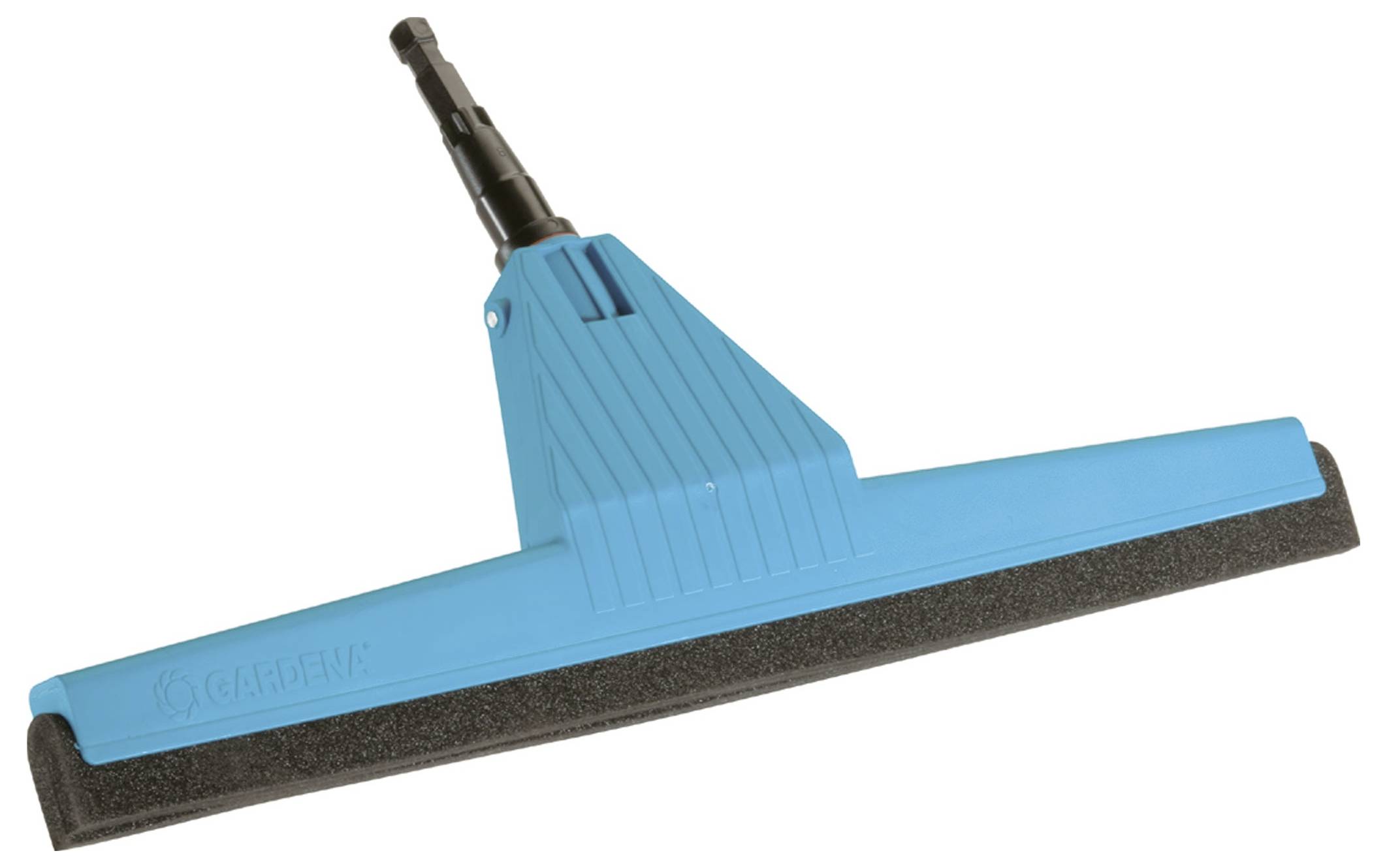 Ein blauer Bodenabzieher mit schwarzer Gummilippe. Er wird zum Entfernen von Wasser oder Schmutz von glatten Bodenflächen verwendet.