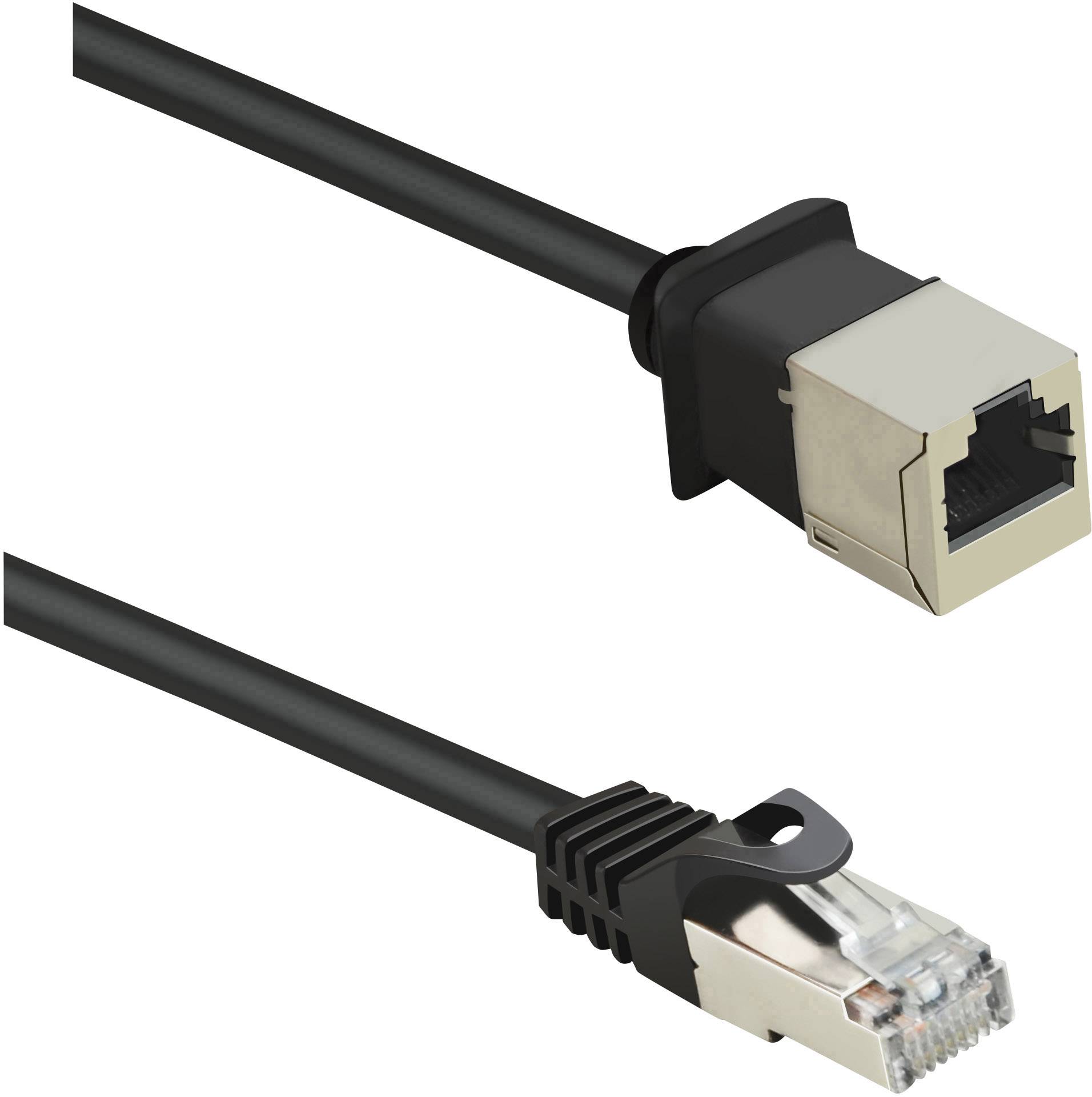Ein Ethernet-Kabel mit RJ45-Stecker und Buchse, typischerweise verwendet für Netzwerkschnittstellen in Computernetzwerken.