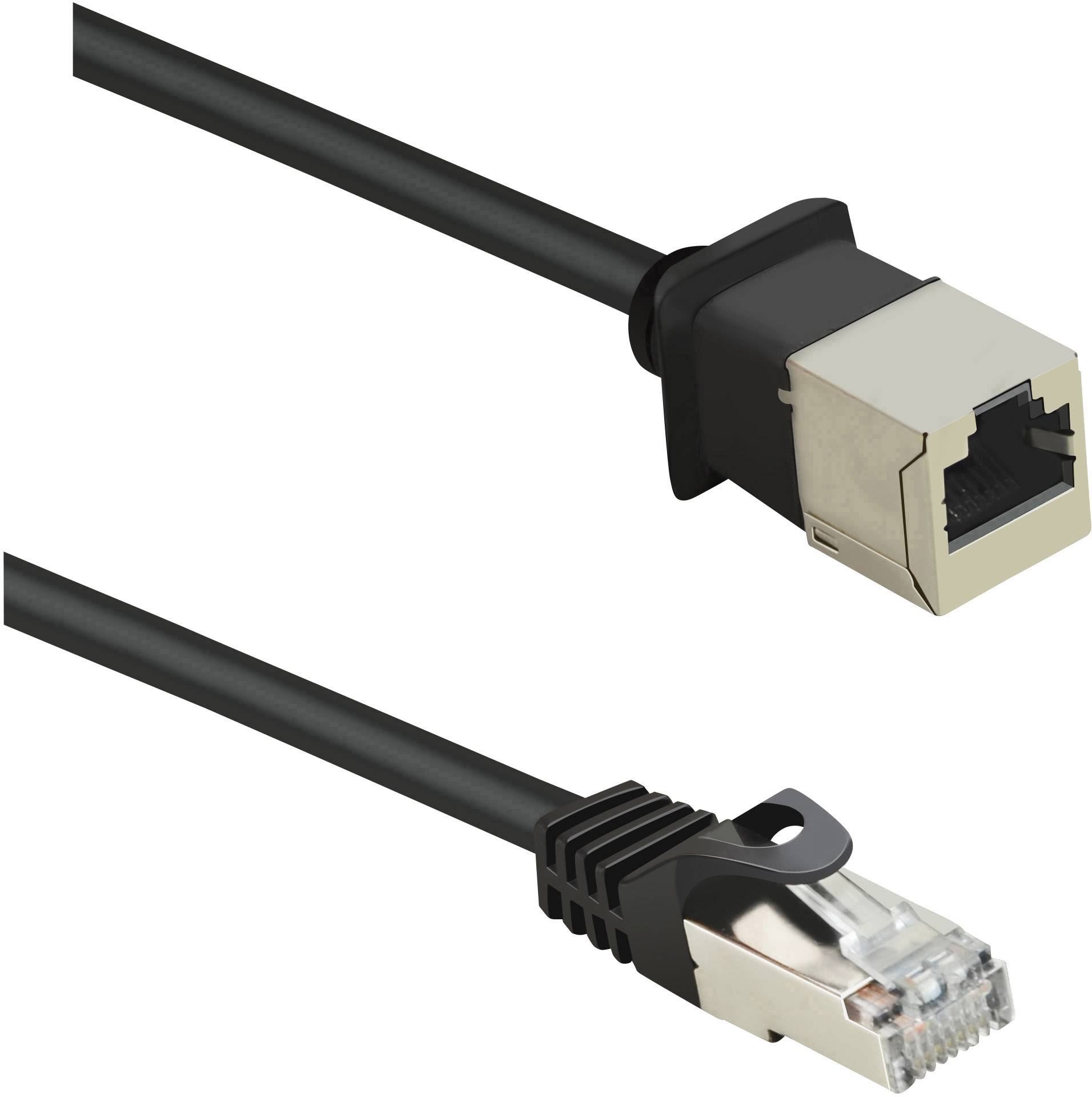 Ein schwarzes Netzwerkkabel mit einem RJ45-Stecker und einer Buchse.