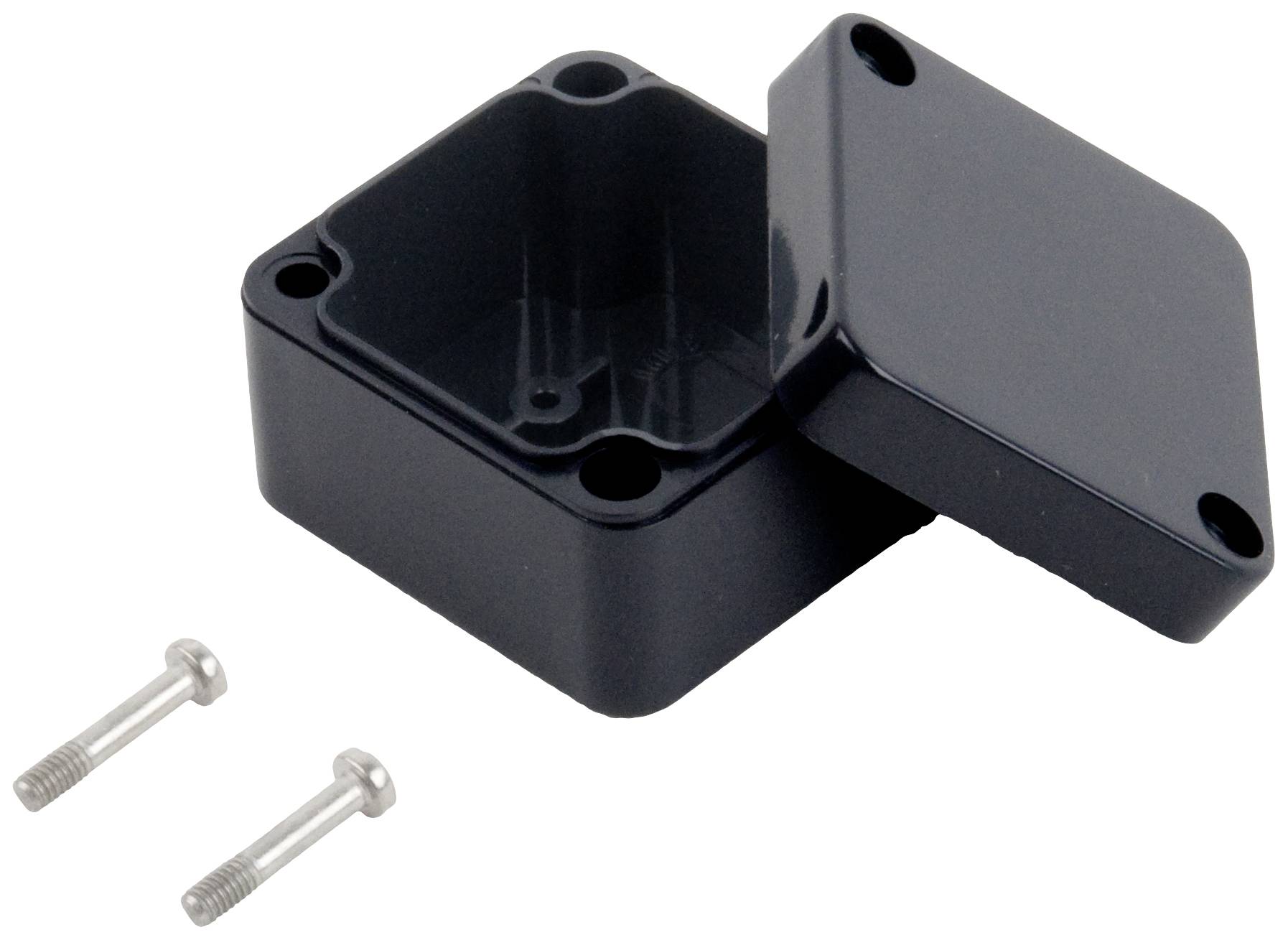 Ein schwarzes, quadratisches Kunststoffgehäuse mit abnehmbarem Deckel und zwei silbernen Schrauben daneben.