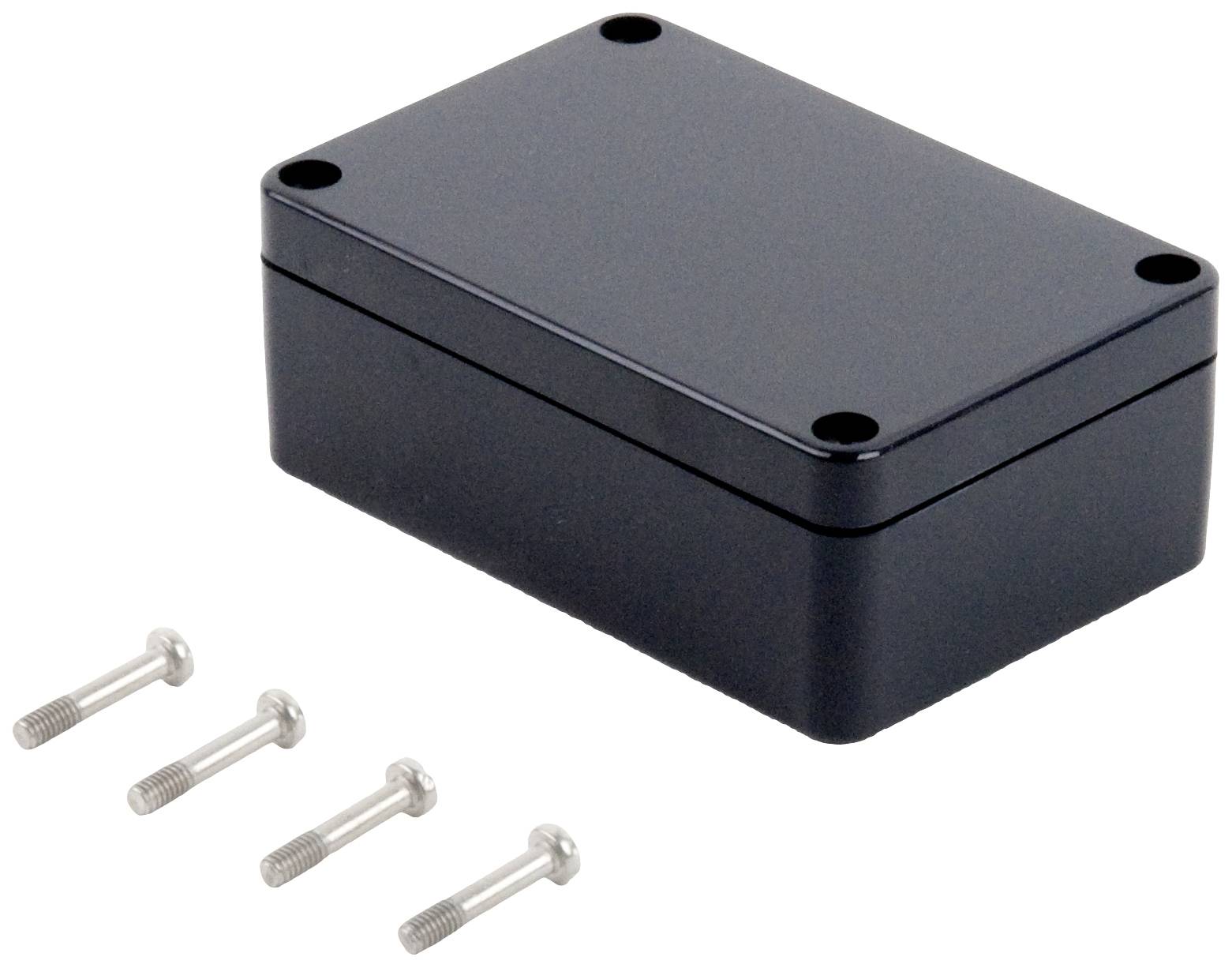 Schwarzes Kunststoffgehäuse mit abgerundeten Ecken, neben vier silbernen Schrauben. Geeignet zur elektrischen Bauteileaufbewahrung.
