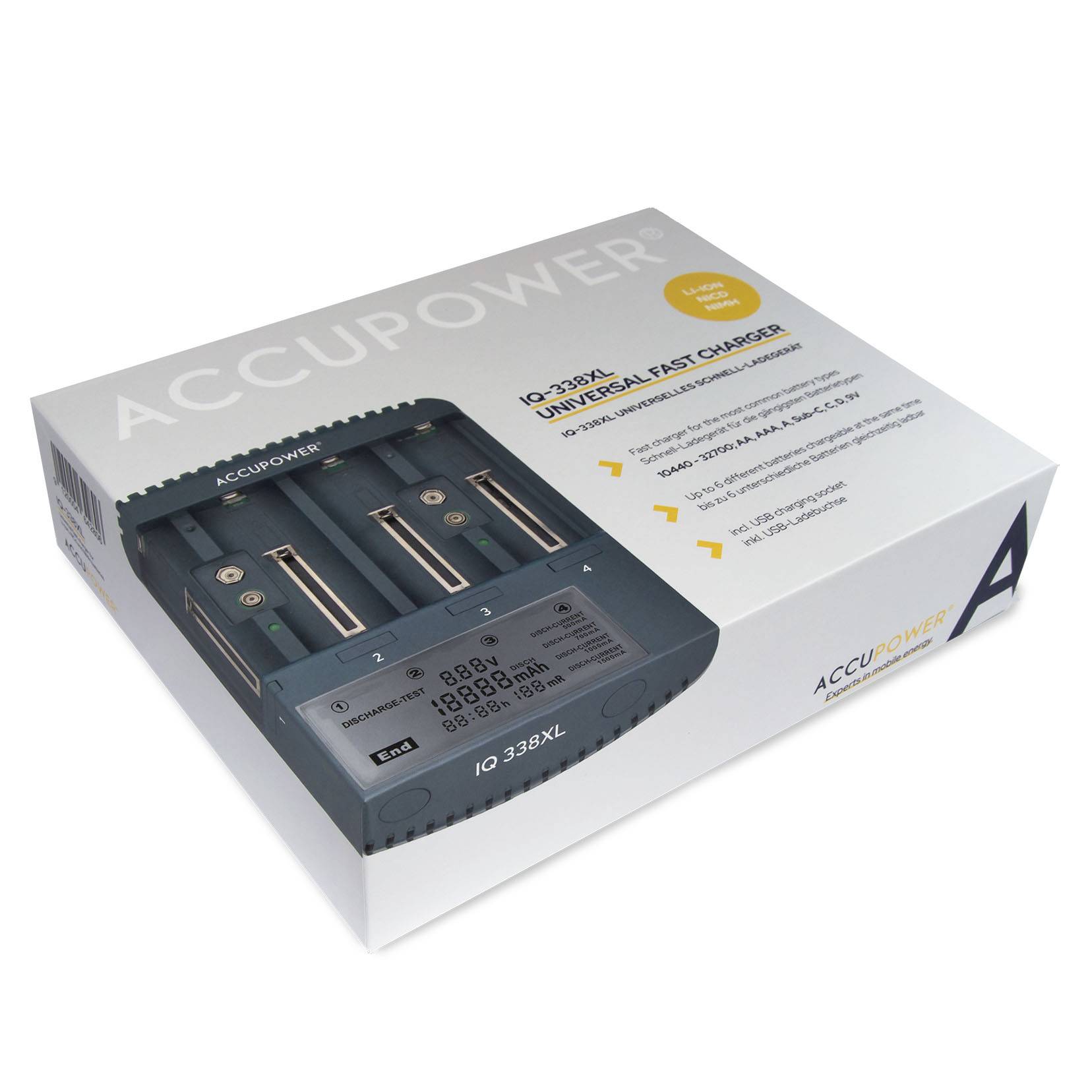 AccuPower IQ338XL Rundzellen-Ladegerät NiCd, NiMH, LiIon 10340, 10350, 10440, 10500, 12500, 12650