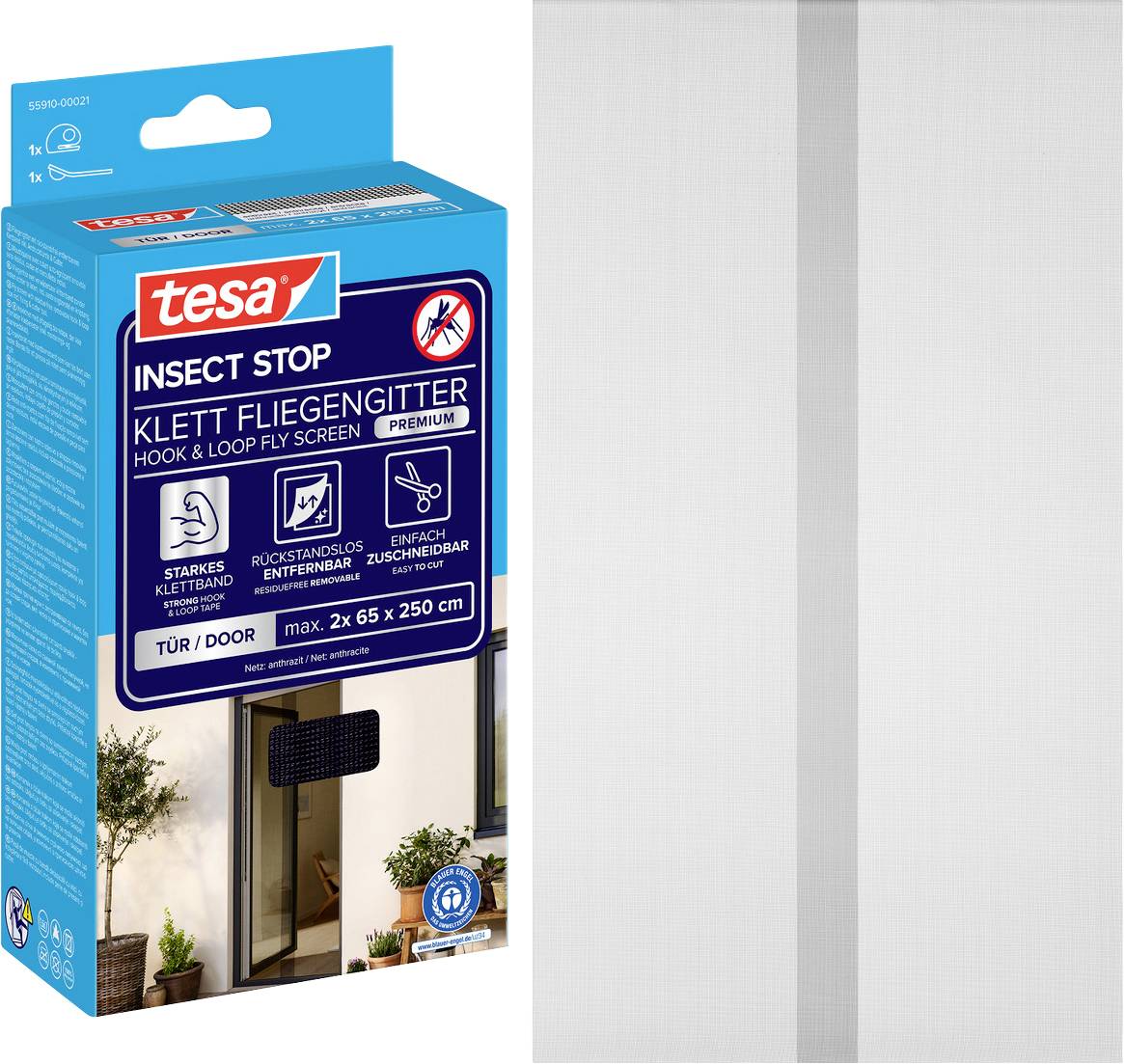 Produktbox für tesa Insect Stop Klettverschluss-Fliegengitter, gezeigt neben einem weißen Mesh-Siebpanel für eine Tür/ein Fenster.
