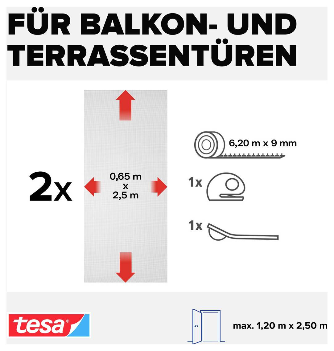 Anleitung Grafik für Balkon- und Terrassentüren, zeigt 2 Rollen mit je 0,65 x 2,5 m Material, 1 Rolle mit 6,20 m x 9 mm Klebeband, 1 Fenstergriff und 1 Dichtung/Profil; maximale Türgröße 1,20 x 2,50 m.