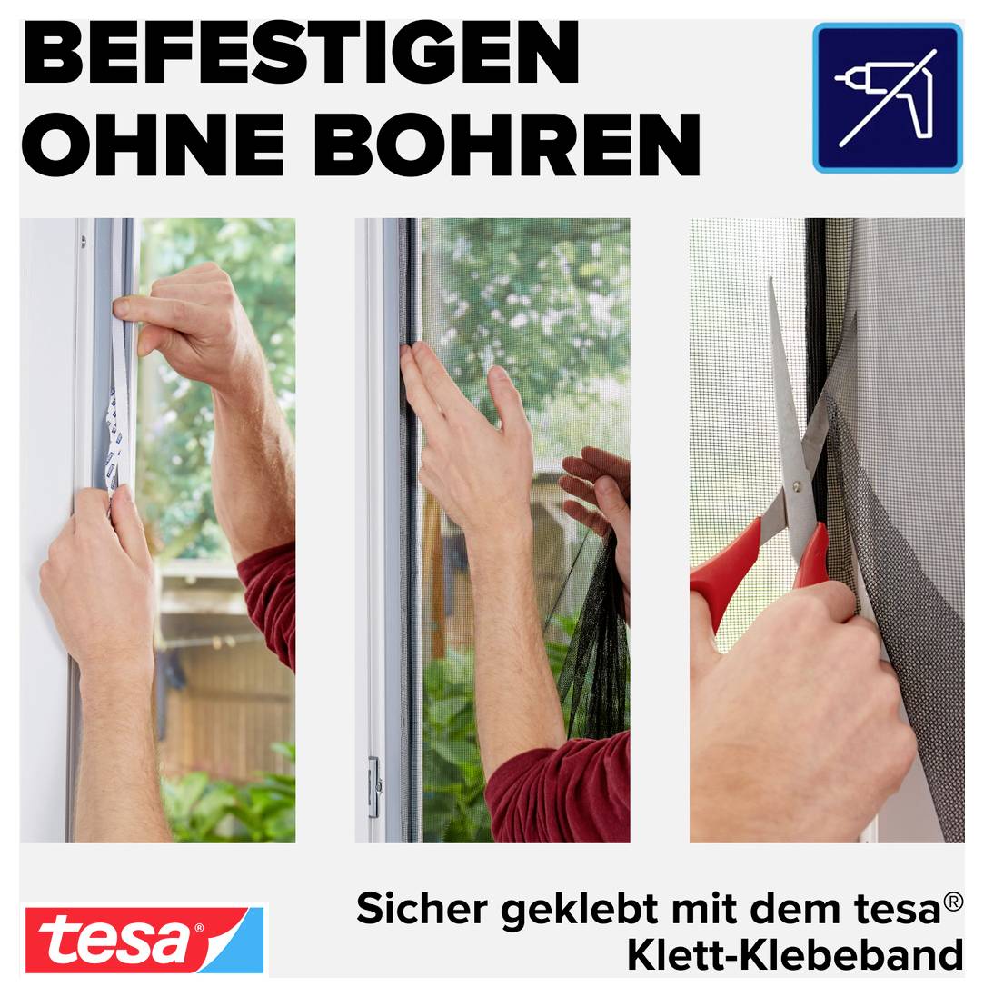 Tesa Insect Stop Serie von Fliegengitterprodukten für Fenster mit mehreren blauen Verpackungsvarianten und einem Keine-Insekten-Symbol, um Fliegen aus Häusern fernzuhalten.