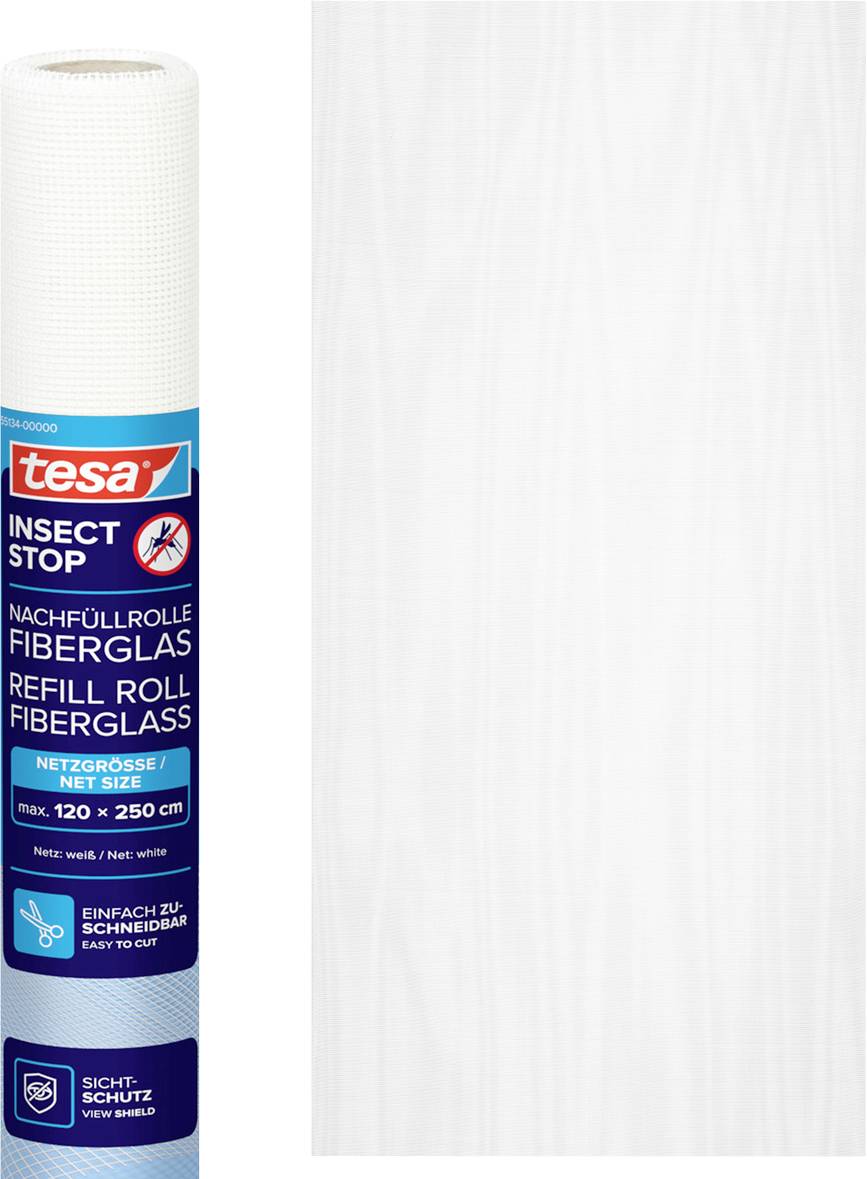 Rolle aus weißem Glasfaser-Insektenschutzgewebe mit der Aufschrift „tesa Insect Stop