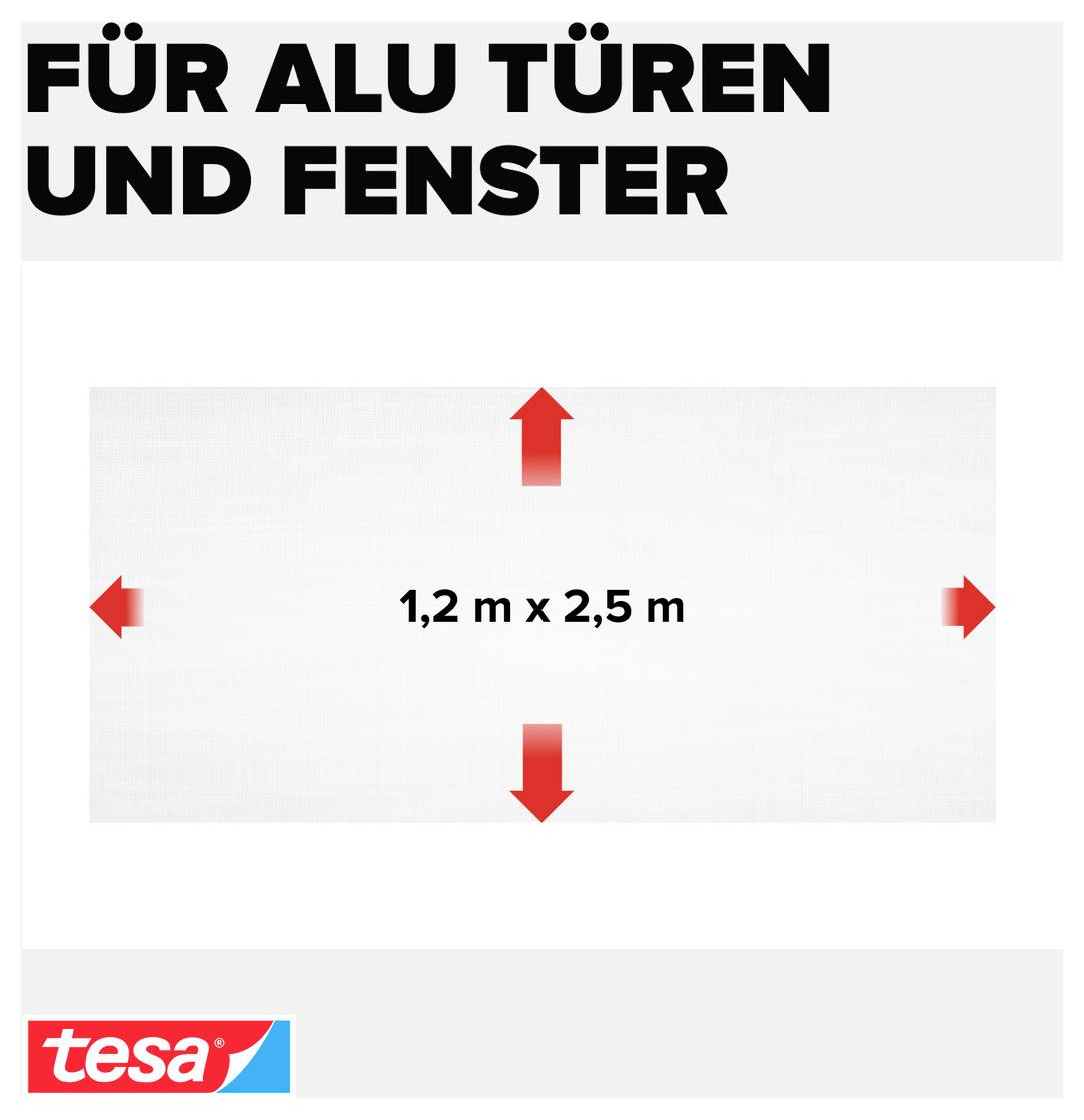 tesa Klebeband für Aluminium-Türen und Fenster, zeigt einen Bereich von 1,2 m x 2,5 m mit Pfeilen, die nach oben, unten, links und rechts zeigen.