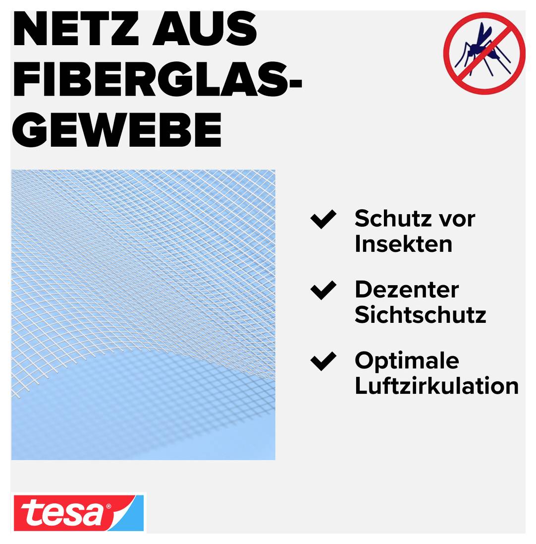 # Werbung für tesa Glasfaser-Insektenschutzgitter mit Musterausschnitt und Vorteilen: Insektenschutz, subtile Sichtbarkeit und optimale Luftzirkulation.