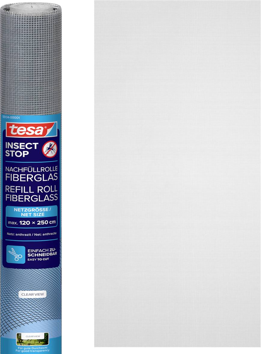 Tesa 'Insect Stop' Glasfaser-Nachfüllrolle für ein Fliegengitter, gezeigt neben einem weißen Maschenblatt.