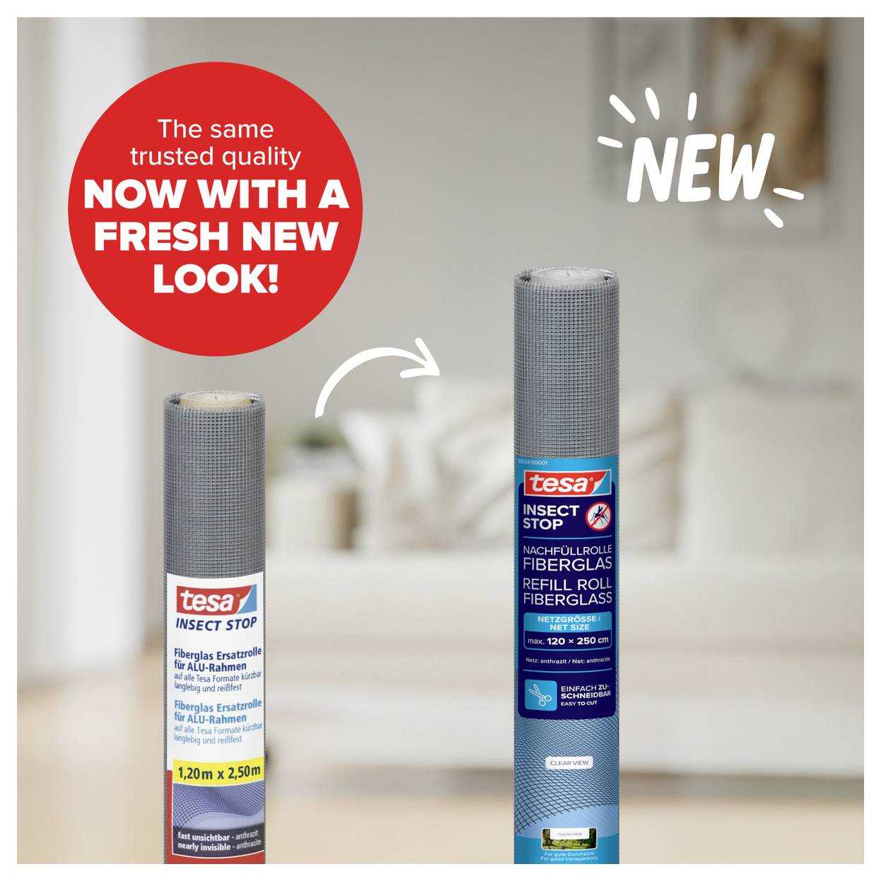 Werbung für tesa Insect Stop: alter und neues Insektenschutz-Fiberglasrollo im Vergleich, mit Hinweis 'NEW' und 'NOW WITH A FRESH NEW LOOK!'
